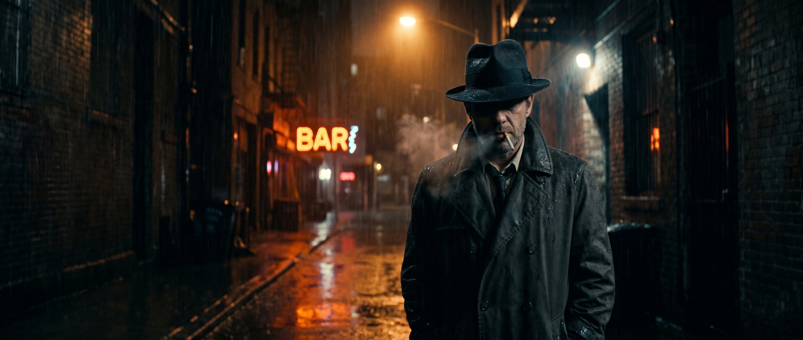 A fedora-shadowed detective in a wet charcoal trench coat walks toward camera through a rainy alley, cigarette smoke curling around his hidden eyes. A pink-orange BAR neon glow bleeds across slick cobbles while a sodium street lamp halos behind him. Anamorphic noir widescreen, deep teal shadows and warm sign-light highlights, atmospheric drizzle.