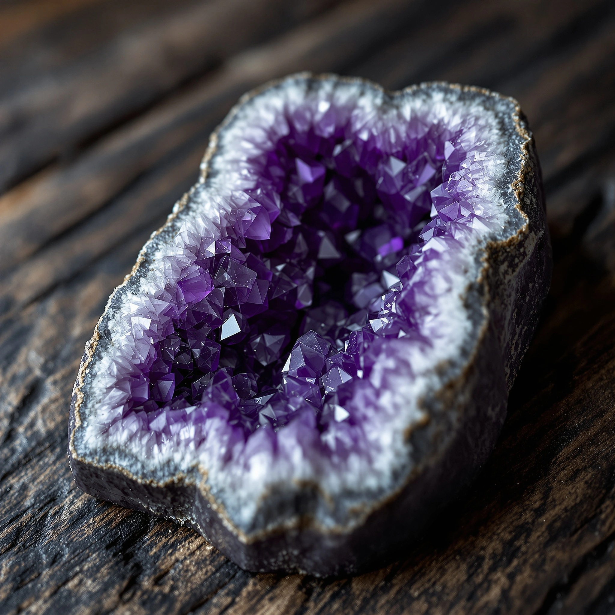An open amethyst geode rests on dark walnut planks, its cavity bristling with violet quartz points fading to milky white at the rim and grey at the rough outer crust. A soft overhead lamp glints across the faceted crystals while the wood grain falls into shadow. Macro still life, gem-museum precision, jewel-toned violet against earthy timber.