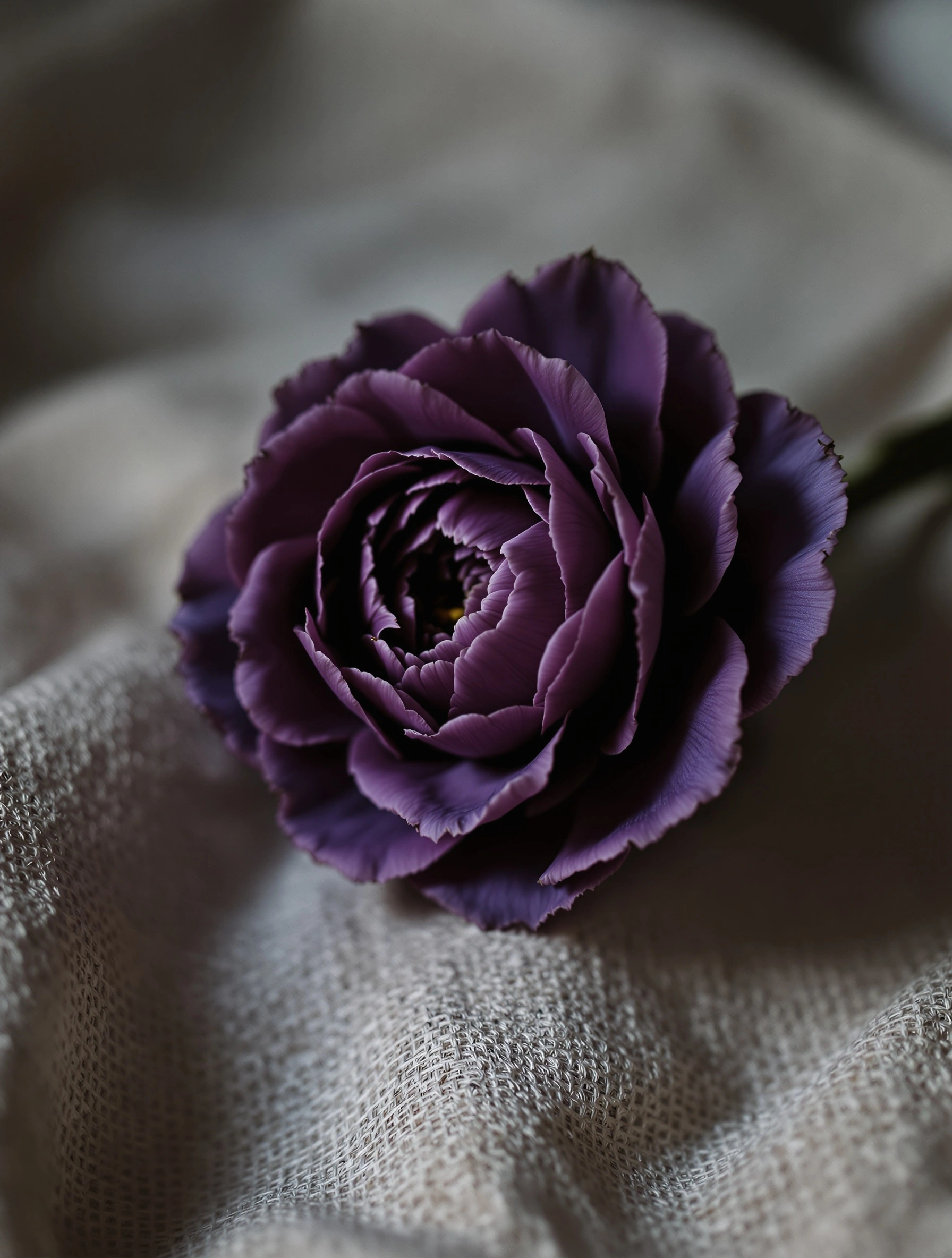 A tightly whorled aubergine ranunculus rests on crumpled raw oatmeal linen, layered petals tipped in lavender and curling around a sliver of yellow center. Cool overcast morning light flattens shadows and emphasizes the loose weave of the cloth. Botanical editorial close-up, hushed plum and flax palette.