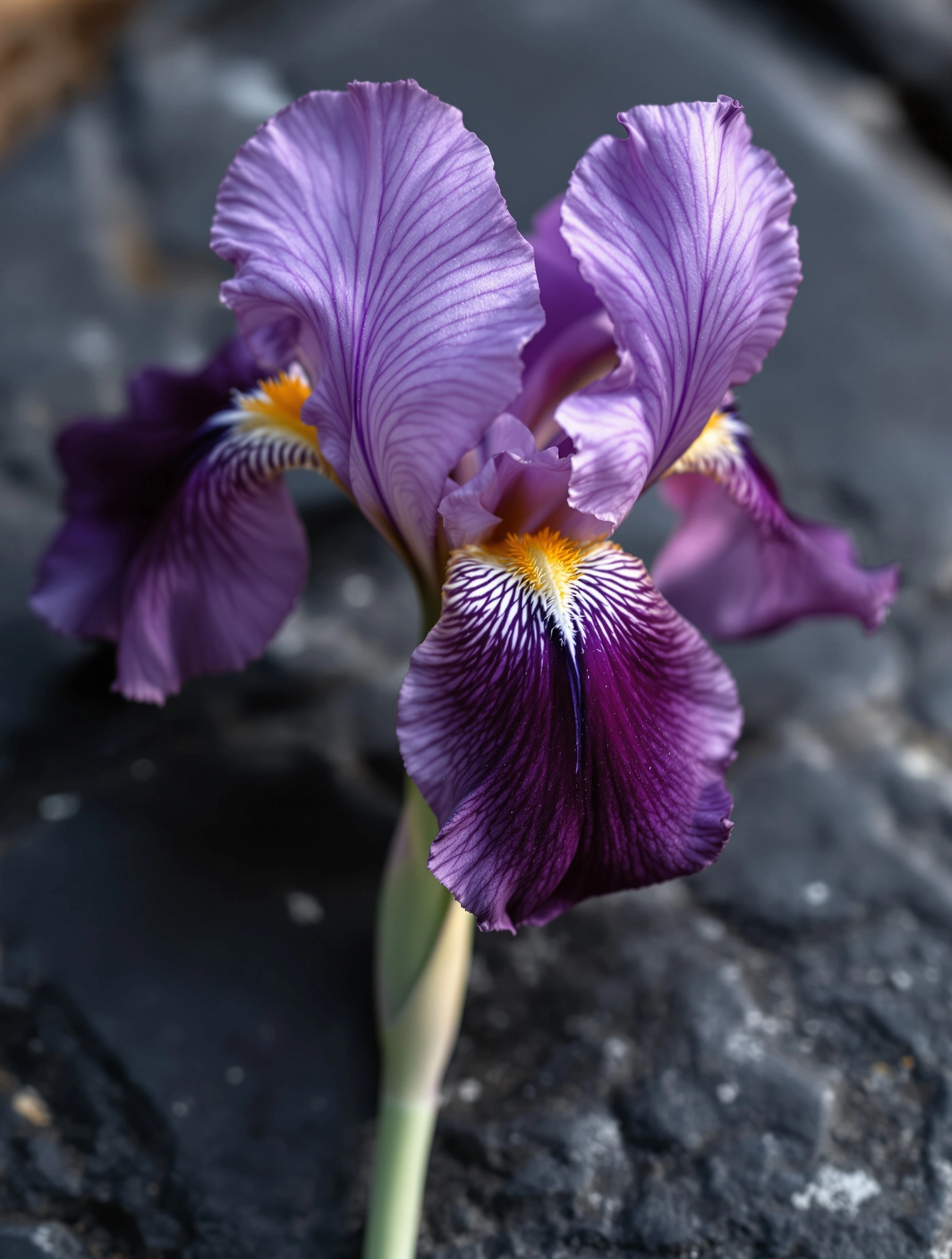 A bearded iris with violet upper petals and darker plum falls streaked by saffron beards rises from a slab of fractured dark slate. Overcast morning light reveals every fine vein and ruffled edge while the cool stone background recedes into shadow. 100mm macro botanical, painterly aubergine-on-charcoal palette.