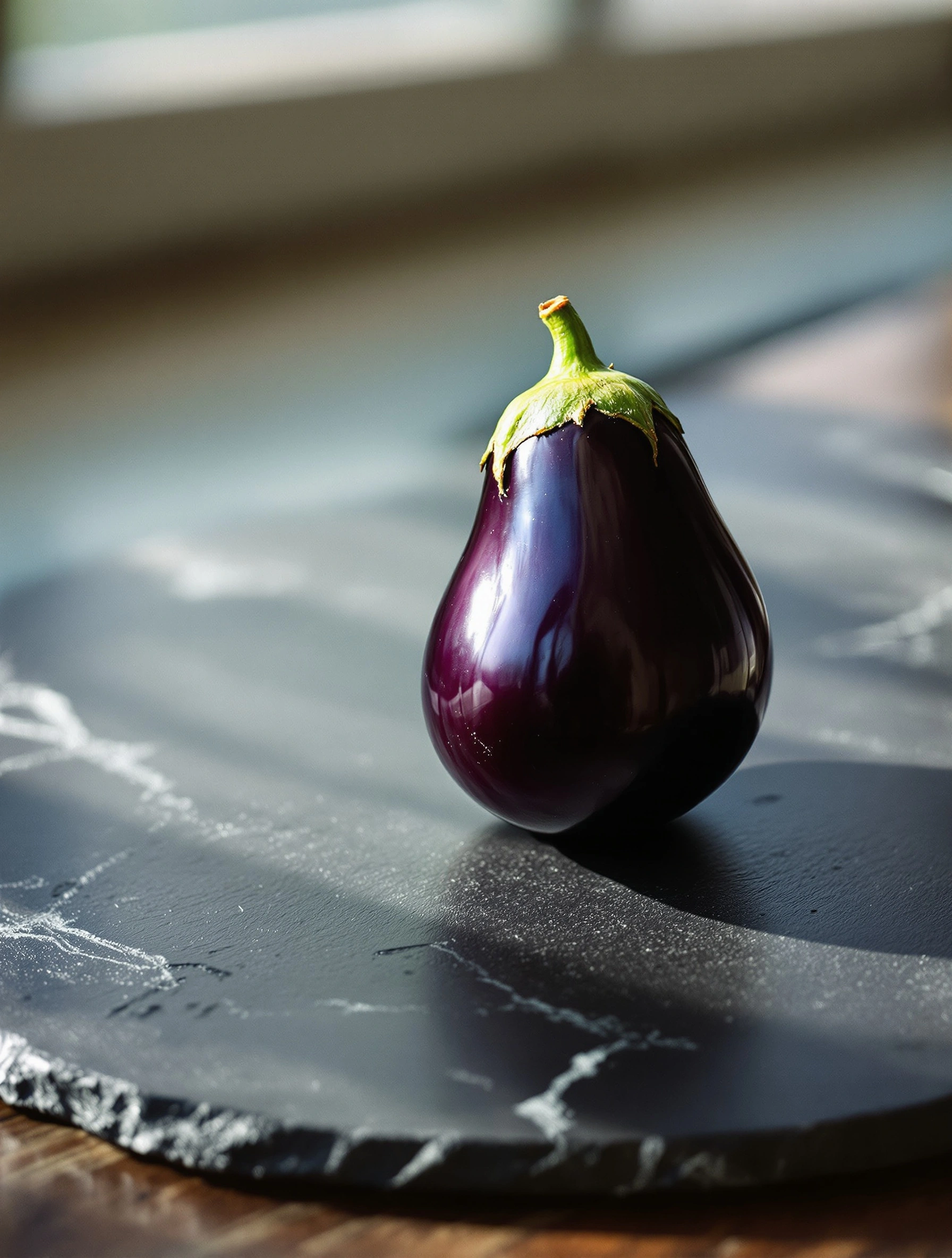 A glossy aubergine eggplant with a fresh green calyx stands upright on a round black slate slab veined with chalky white. Raking late-afternoon window light glazes the skin in deep violet highlights and throws a long soft shadow across the stone. 100mm macro intimacy, moody seasonal still life, restrained kitchen-editorial palette.