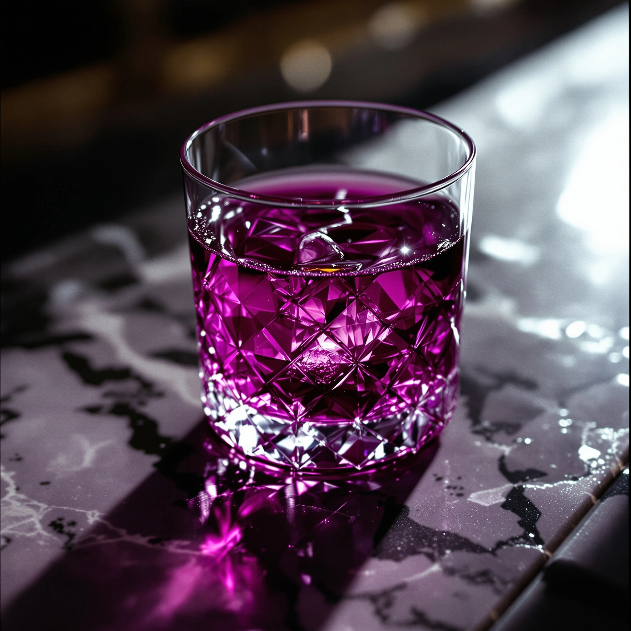 A faceted crystal tumbler holds an electric mulberry cassis, light refracting through diamond cuts and casting magenta lattices across veined dark marble. Hard rim backlight outlines the glass edge while the bar behind dissolves into smoky bokeh. Cocktail editorial macro, jewel-toned saturation, sensual gloss.