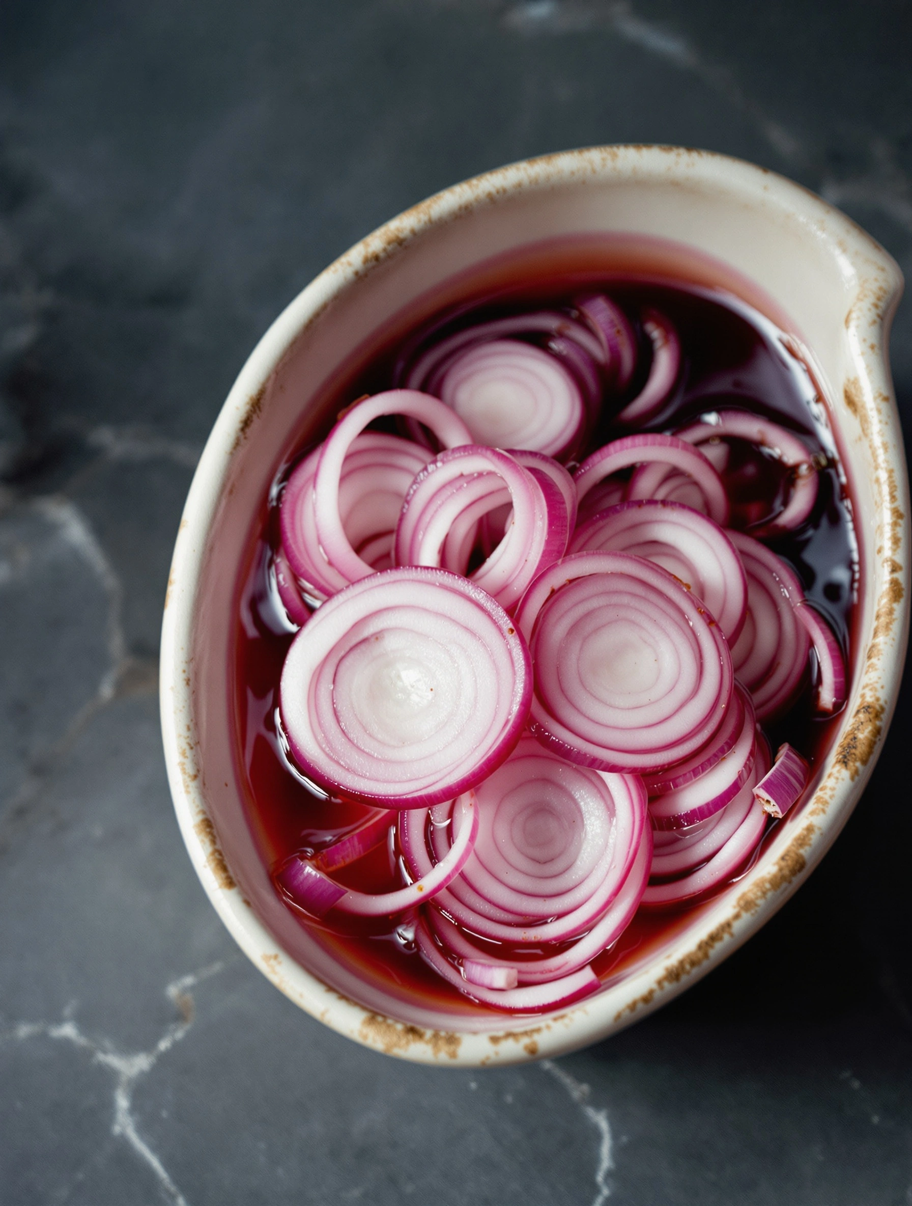 Top-down view of a rustic cream stoneware boat brimming with translucent red-onion rings floating in deep plum vinegar. Concentric magenta circles repeat against the dark liquid while the mottled grey slate counter forms a cool surround. Food editorial overhead, naturalistic light, painterly contrast.