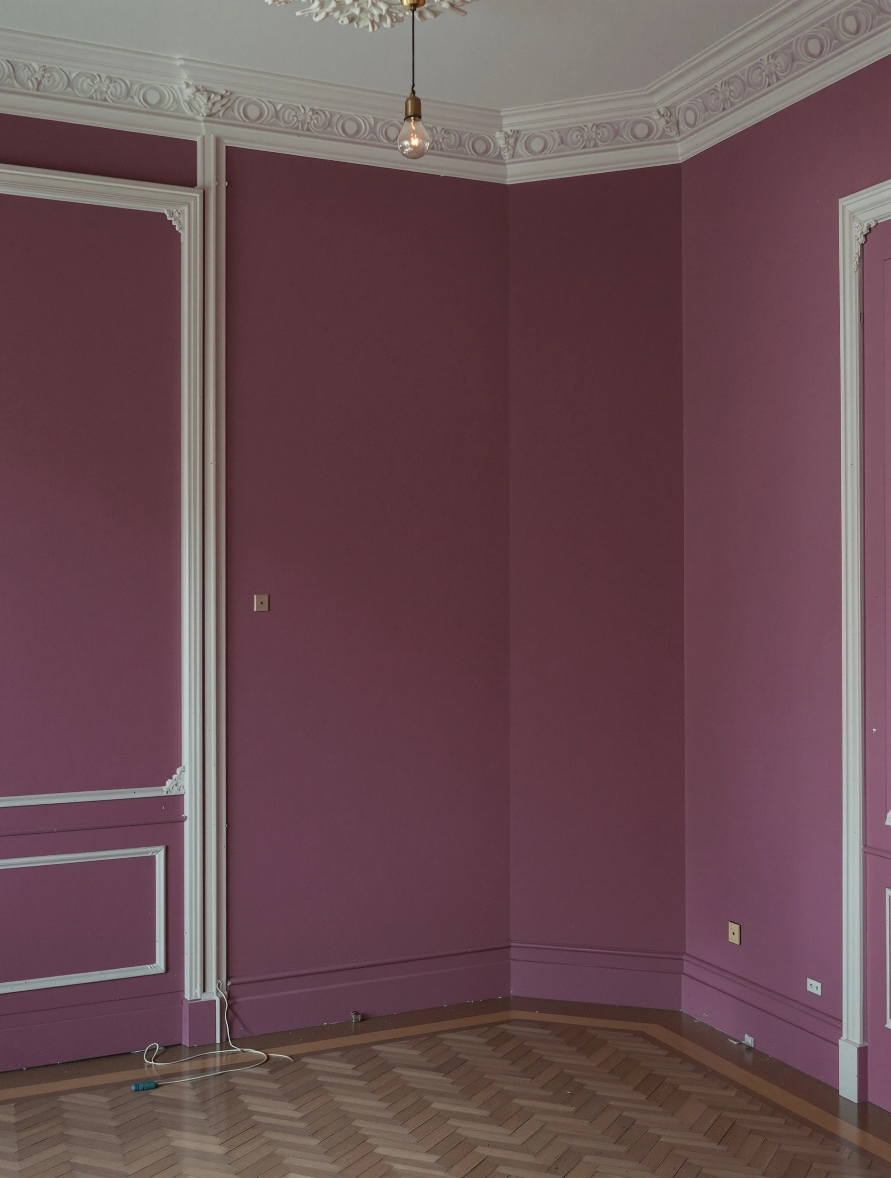 Empty Berlin altbau corner with mauve aubergine walls, intricate bone-white plaster cornices and a sculpted ceiling rosette holding a bare Edison bulb. Parquet floor and a stray power cord trail along the baseboard, melancholy editorial interior with vacant pre-war elegance.