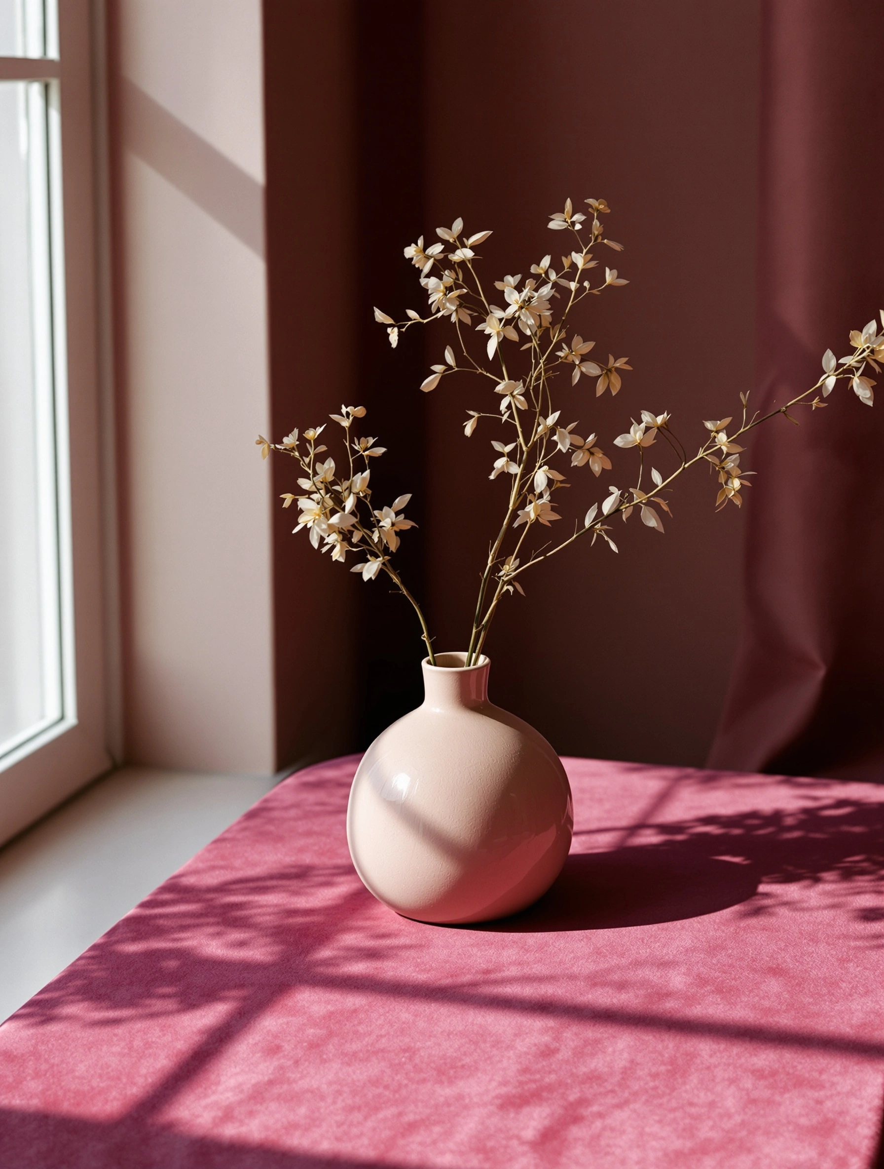 A blush-glazed round vase holds bare gilded branches scattered with delicate seed-pod leaves, set on a magenta velvet runner against a deep oxblood wall. Window mullion shadows cast a soft grid across the velvet's matte nap. Late-afternoon stillness, rose and wine palette, painterly interior tableau.