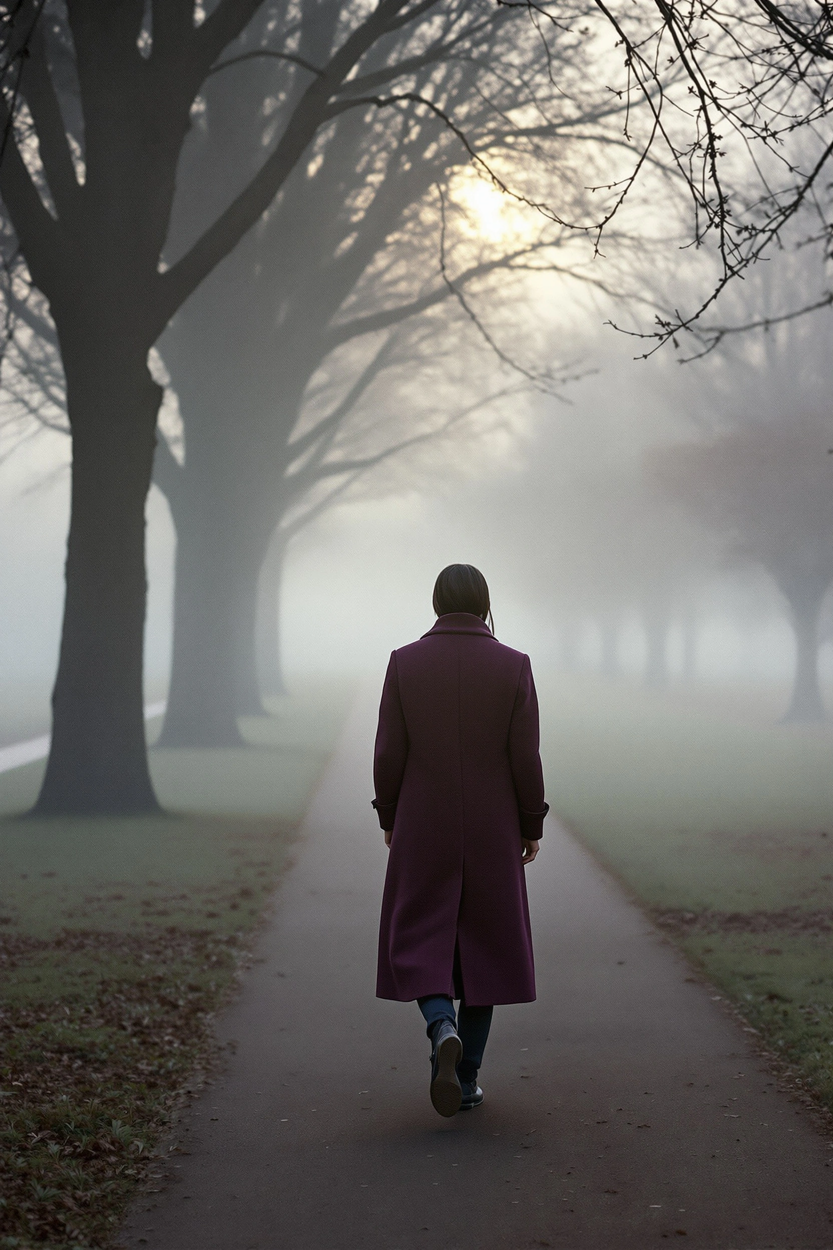Rear three-quarter view of a figure in an oversized plum wool overcoat receding down a tree-lined gravel path, fog swallowing the avenue ahead. A weak sun glows behind bare branches, breath of mist softening every edge. Muted aubergine, slate, and moss palette, 50mm film tones, melancholic quietude.
