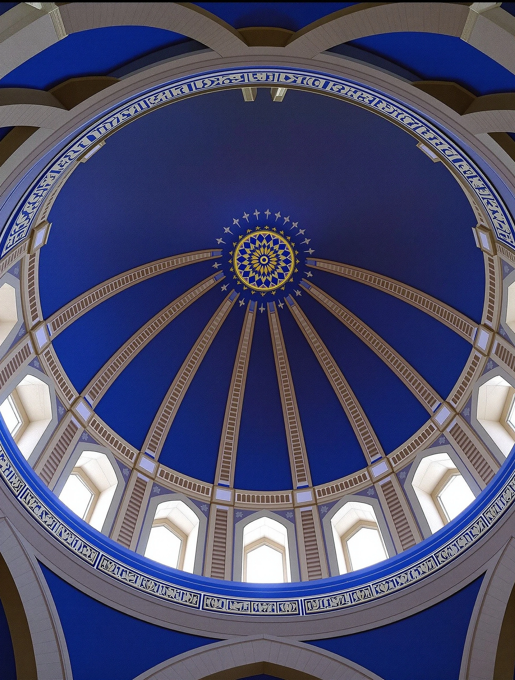 Looking straight up into a cobalt-blue dome, white plaster ribs radiate from a central geometric medallion toward a band of arched bone-white windows that ring the drum. Calligraphic friezes frame the base and apex. Symmetrical wide-angle architectural shot, deep ultramarine saturation, soft daylight bleeding through the openings.