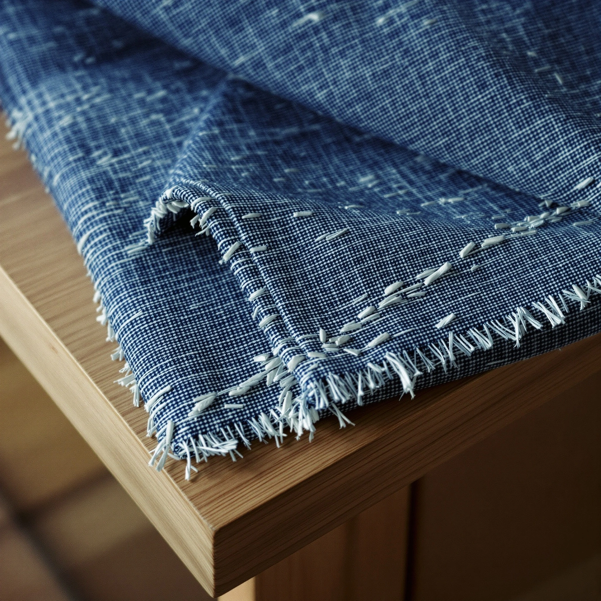 A folded length of indigo-dyed cotton sits on the corner of a raw oak table, frayed selvedge fringing the edge in pale threads, fine cross-hatched weave catching the afternoon side light. The wood's warm grain anchors the cool denim-blue cloth. Tight three-quarter angle, artisanal textile study, Japanese craft sensibility.