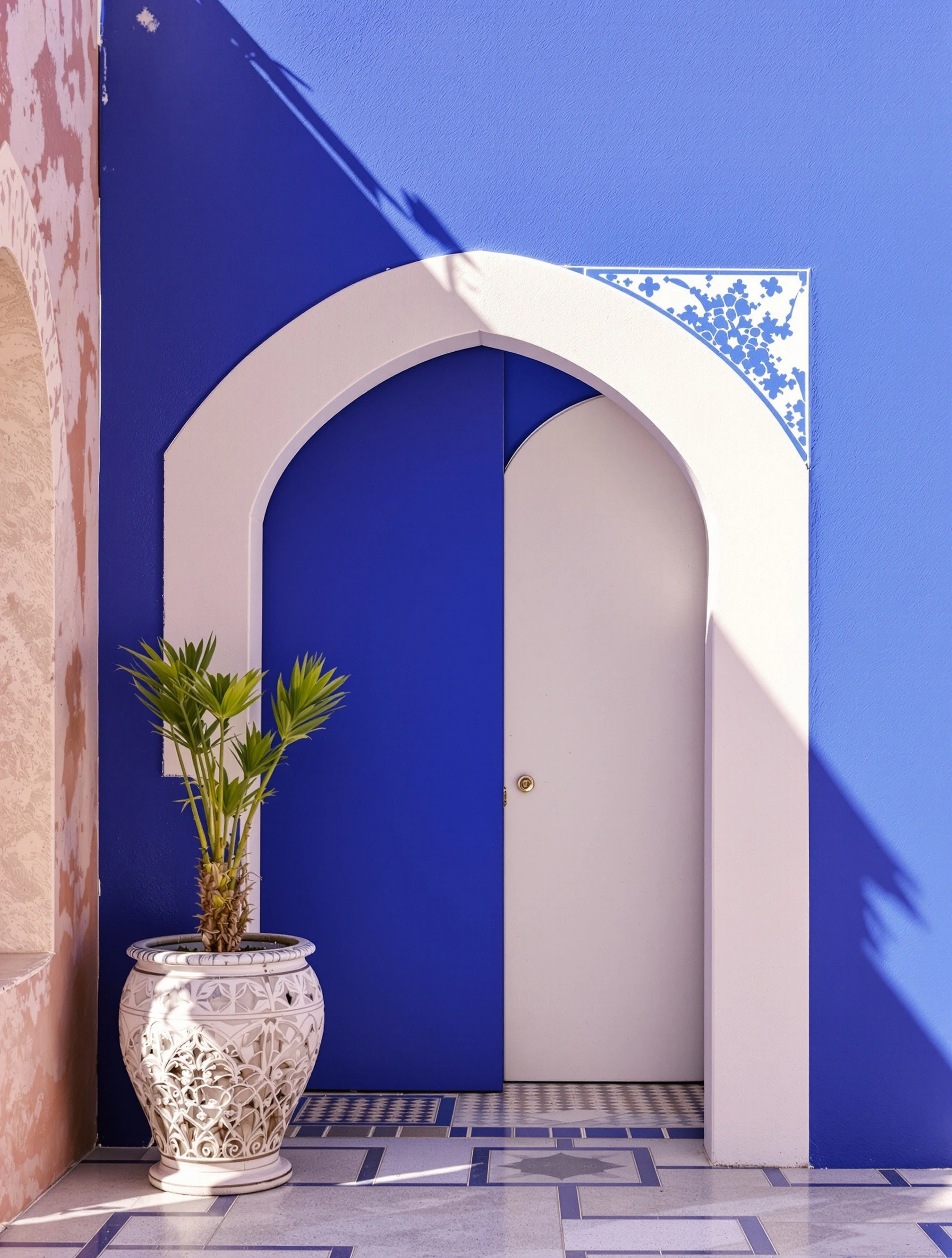 Saturated Majorelle blue wall framing a bone-white horseshoe arch and recessed door, a carved white planter holding a fan palm. Hard North African noon sun carves crisp diagonal shadows across the geometric floor tile, painterly graphic minimalism with travel-magazine clarity.