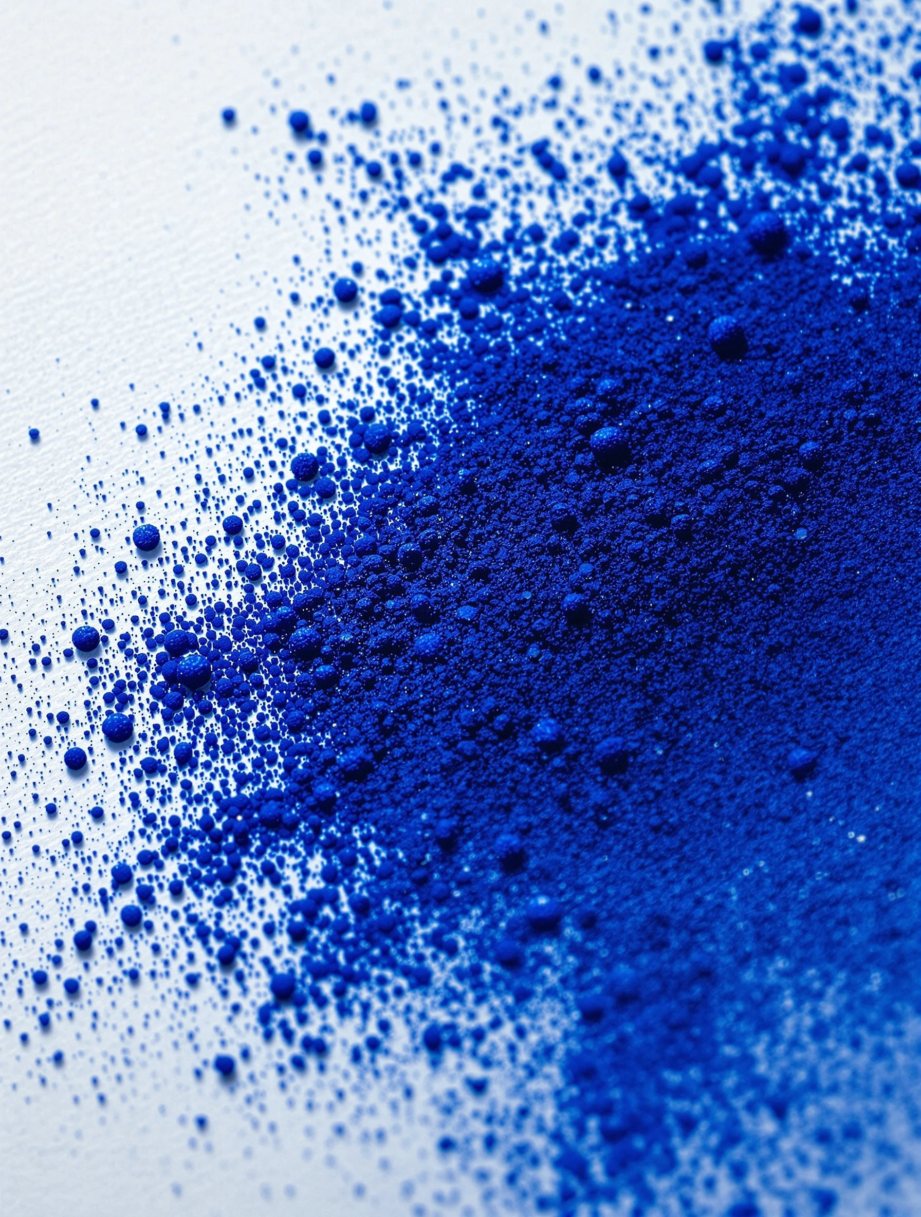 Diagonal drift of ultramarine pigment scattered across raw white paper, dense granular clusters fading into a fine spray of cobalt particles. Raking light reveals the texture of each grain and the tooth of the sheet, macro abstract with Yves Klein intensity and laboratory clarity.