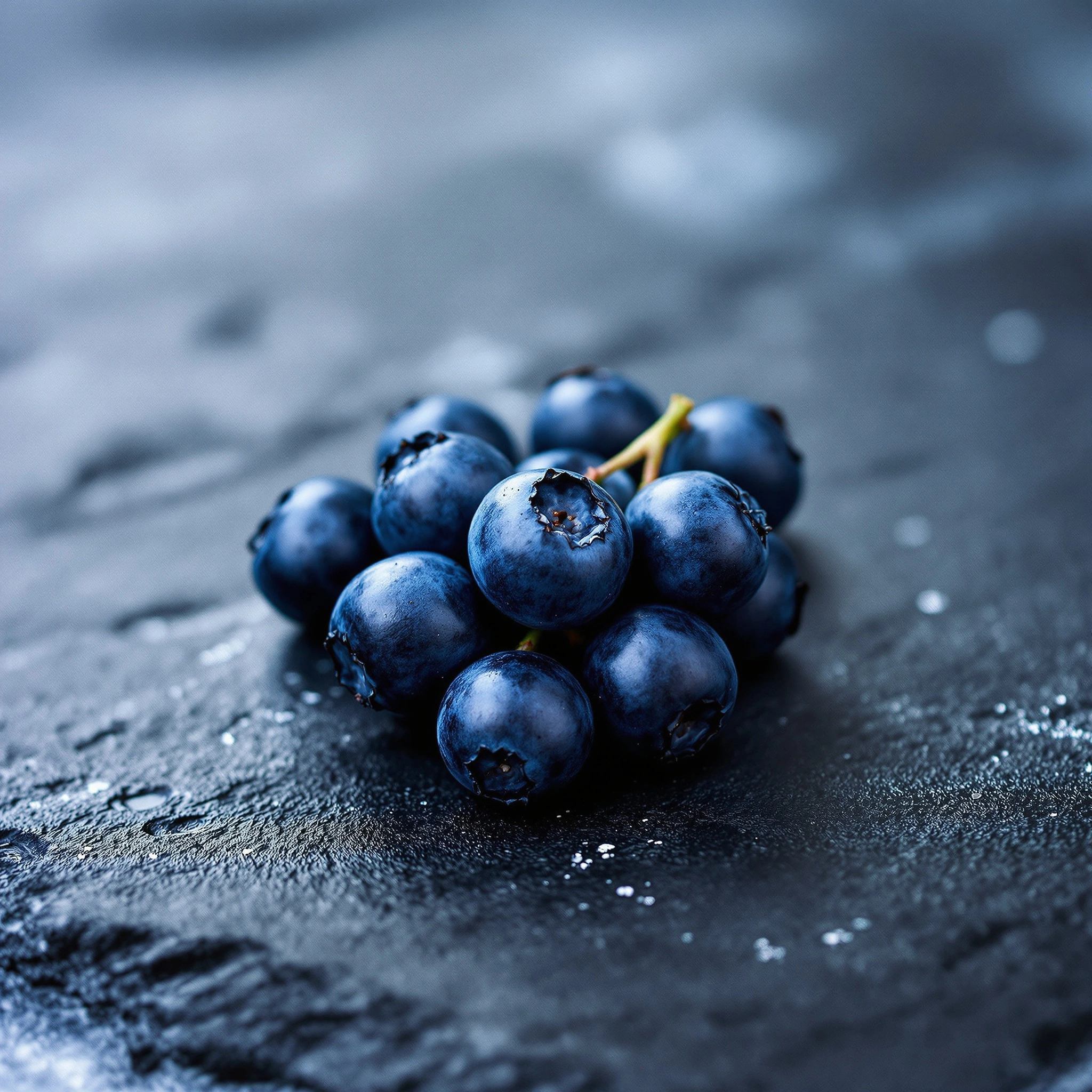 A tight cluster of plump indigo blueberries, dusted with bloom, rests on a damp charcoal slate slab, a tiny green stem still attached. Soft overcast light glances off the wet stone's flecks and the berries' rounded shoulders, creating a cool blue-grey near-monochrome. Macro food-still composition with shallow focus and atmospheric stillness.
