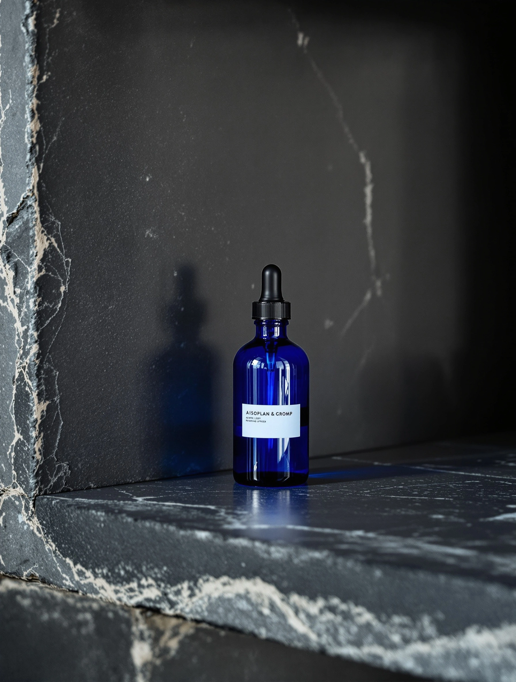 Deep cobalt dropper bottle standing on a fractured slate shelf, white quartz veins lacing the dark stone behind. Soft north window light backlights the glass into electric sapphire and throws a long shadow across the ledge, moody apothecary product still life with mineral edge.