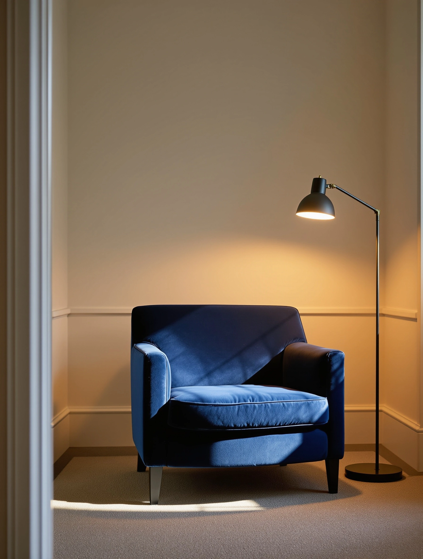 A lone cobalt velvet armchair sits in the corner of an empty room with pale dado walls, a slender black task floor lamp arched toward it. Warm 2700K pooling light wraps the upholstery in deep indigo and bronze, the rest of the space falling into honeyed shadow. Architectural still life, controlled ambient stillness.