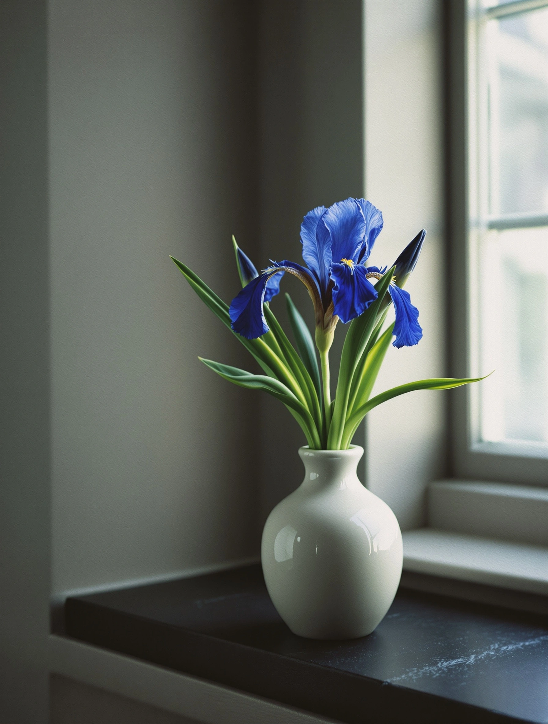 A deep ultramarine iris with arching leaves stands in a small bone ceramic bud vase on a dark slate shelf beside a sash window. Cool north light glazes the porcelain and picks out faint yellow throat markings on the petals. Muted greys and saturated cobalt, quiet domestic still life, painterly Dutch restraint.