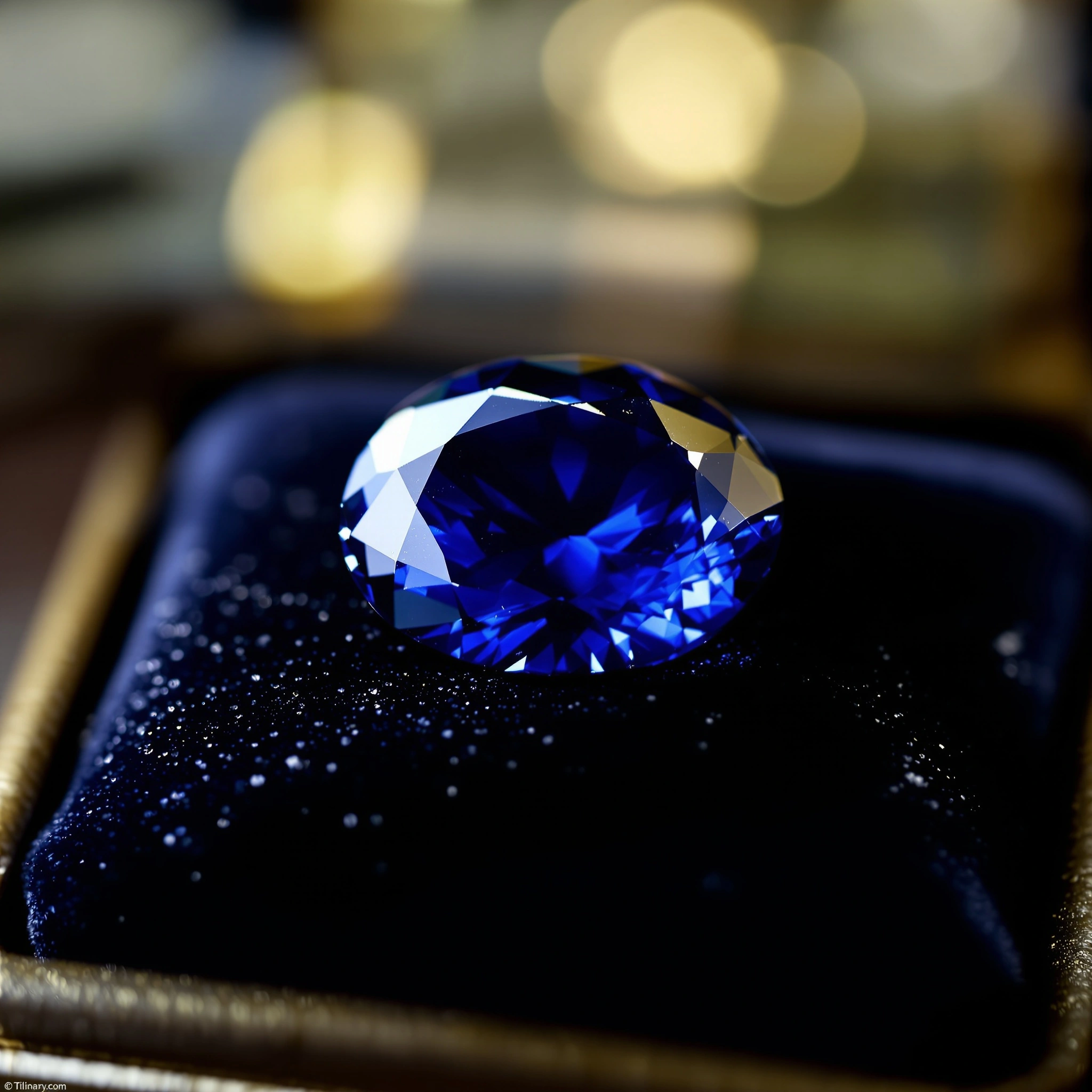 Macro of an oval-cut sapphire perched on midnight velvet, facets fracturing royal blue into pale silver flashes. Warm golden bokeh from a jeweller's lamp floats behind the brass-edged display tray. Inky cobalt against black, glittering dust on velvet, luxury catalogue intimacy.