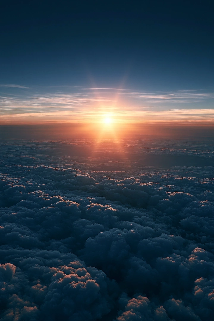 From above a vast cumulus blanket, a low sun flares a vertical column of warm light into a deep navy sky. Pink and apricot rim every cloud peak while shadows pool in the troughs. Stratosphere window view, painterly atmospheric gradient, quiet awe.