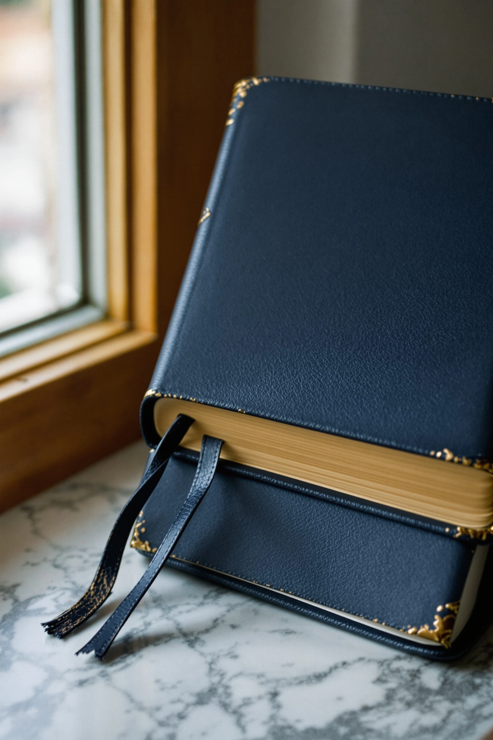 A heavy midnight-blue leather journal with gilded corner caps and a long ribbon marker stands propped against a window jamb on grey-veined marble, gilt page edges glowing. Honeyed bokeh from outside in the upper corner. Vertical close-up, 50mm at f/2, library-quiet, the patinated warmth of a stationery editorial.