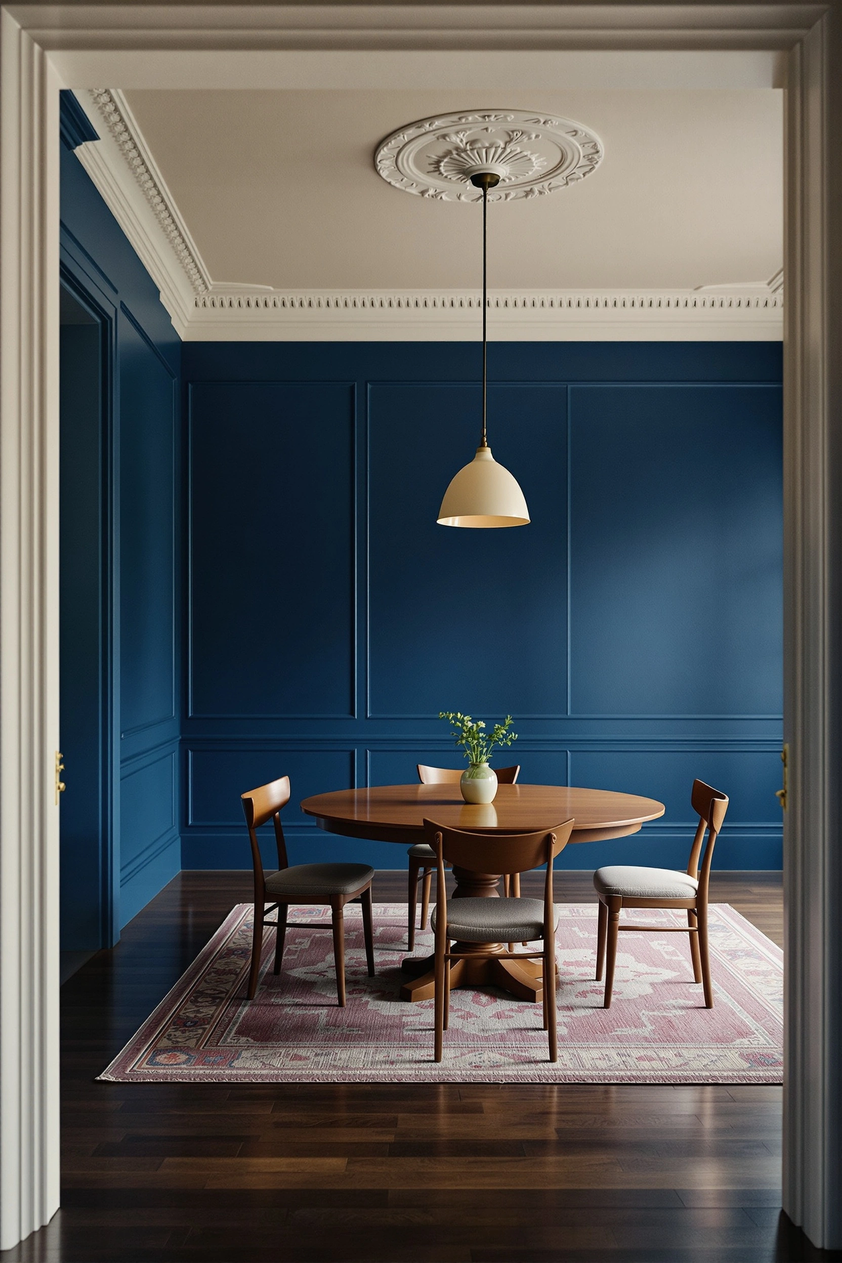 A formal dining room enclosed by deep cobalt paneled walls, a pale dome pendant glowing warmly above a round walnut table with four mid-century chairs. A faded rose oriental rug grounds the dark herringbone floor, ornate plaster cornice meeting ivory ceiling. Symmetrical interiors editorial, color-saturated stillness, evening warmth.