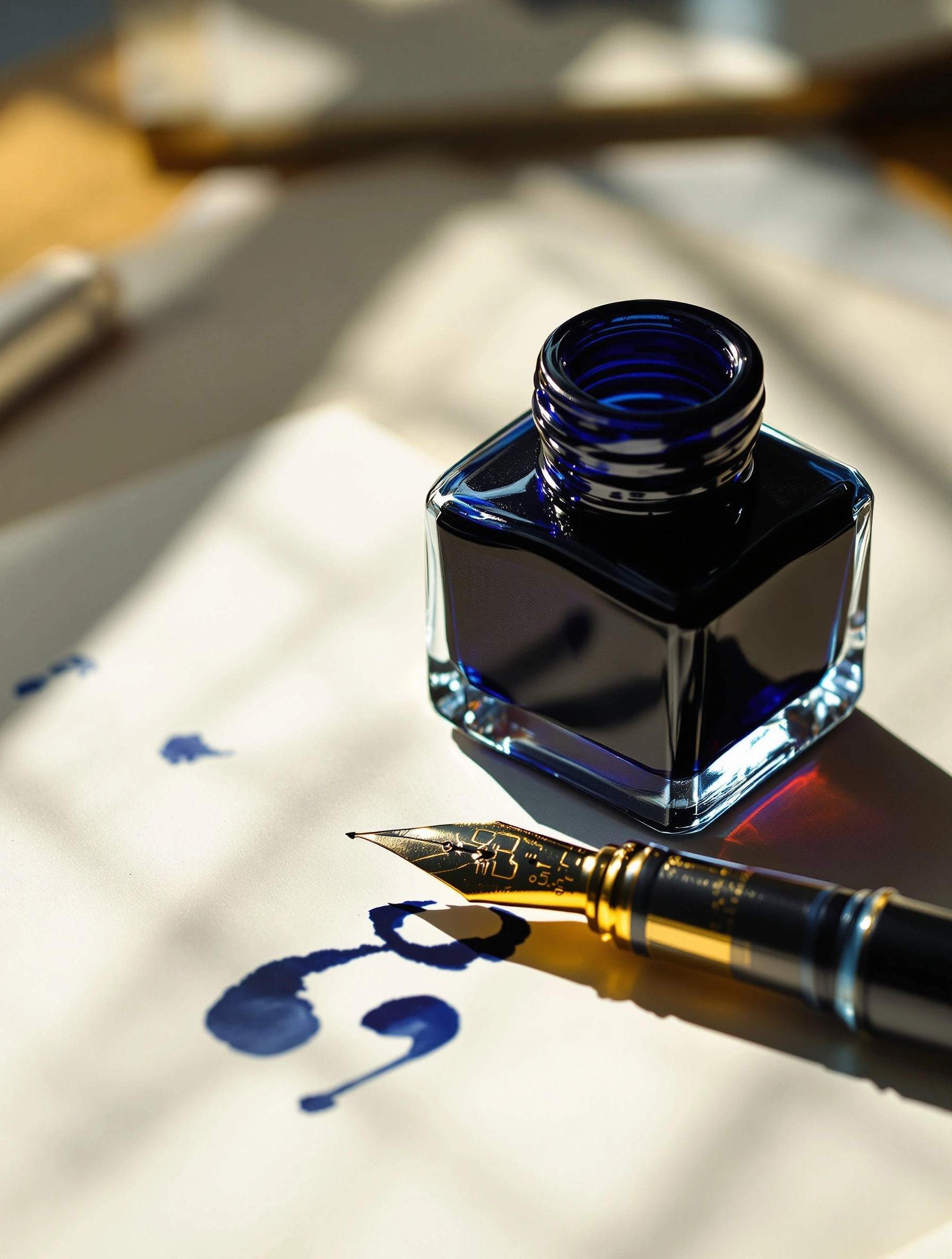An uncapped square bottle of midnight-blue ink sits open on a paper-strewn desk, a gold-nibbed fountain pen lying beside a scrawled blot and question mark. Hard window light slices in from the right, casting blade-like shadows across the page. Writerly still life, 85mm shallow depth, period-correspondence mood.