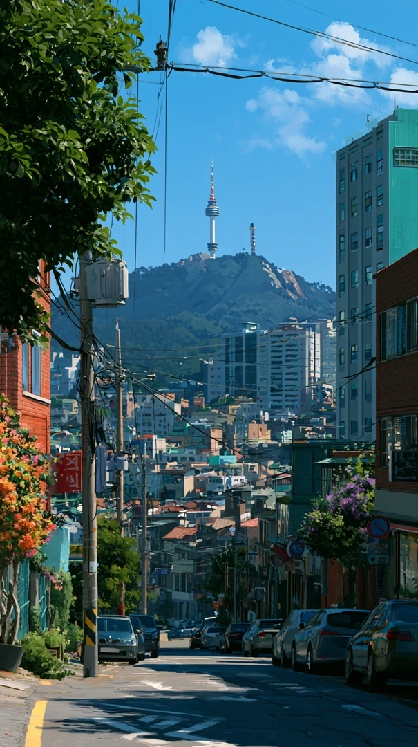 A Ghibli-style downtown Seoul vista, sloping side street threaded with parked cars and tangled overhead wires, Namsan Tower rising distant against a hyper-saturated cobalt sky scattered with cumulus. Lush green hillside and pastel facades crowd the frame, blooming bougainvillea spilling at the edges. Painterly cel-shading, jubilant afternoon clarity.