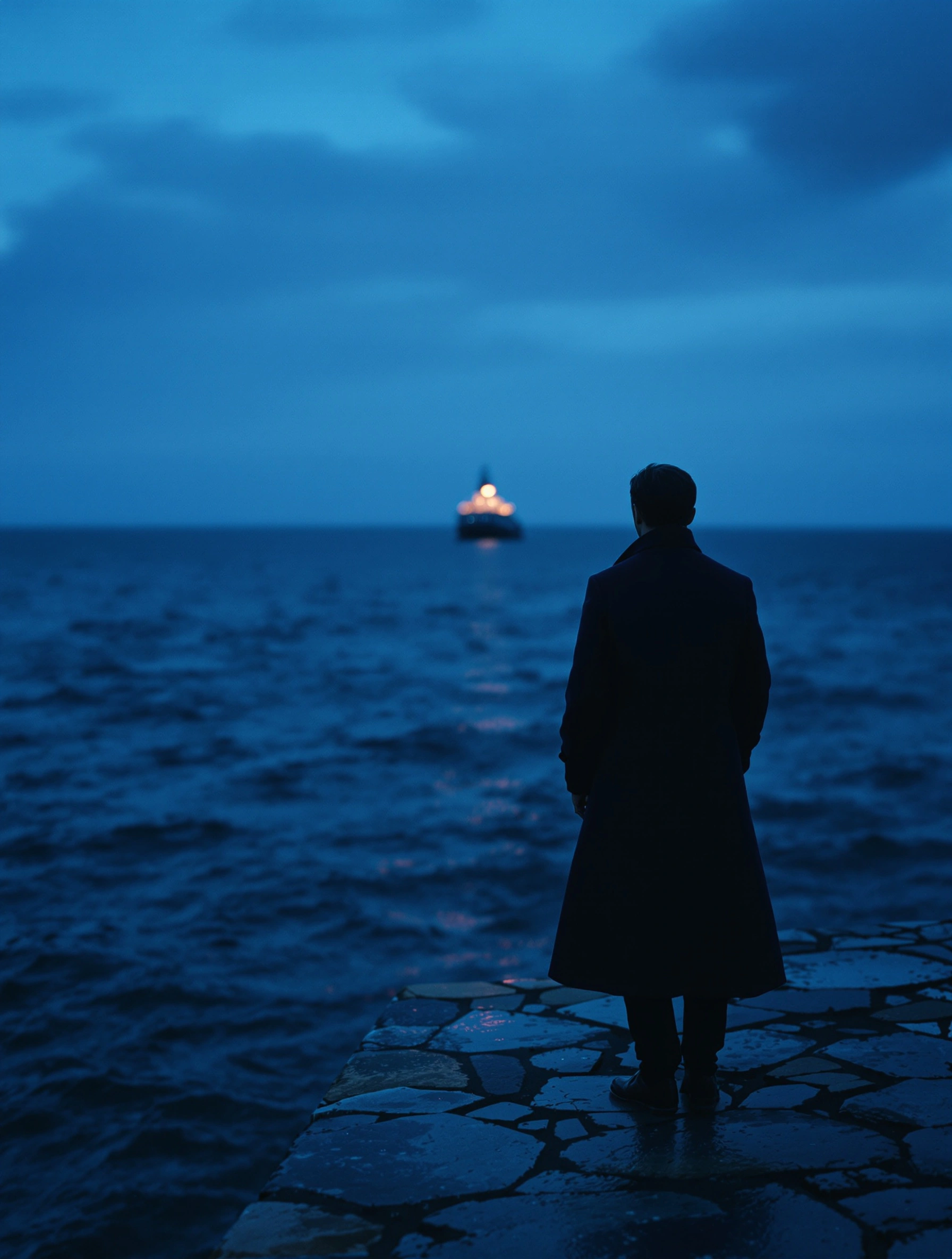 A man in a deep navy overcoat stands on a fractured flagstone breakwater facing the open sea at blue hour, a single freighter's warm lights smouldering on the horizon. Choppy slate water stretches toward bruised clouds. Color graded to monochrome cobalt, 65mm Panavision composition, oceanic solitude.