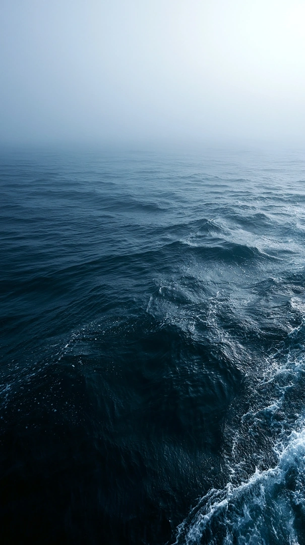 Dense pale mist bleeds down to meet ink-dark swell at dawn, a fine bead of foam churning in the near foreground. The horizon dissolves entirely, sky and sea fused into one luminous bank. Overhead aerial perspective, near-monochrome navy and oyster palette, brooding maritime hush.