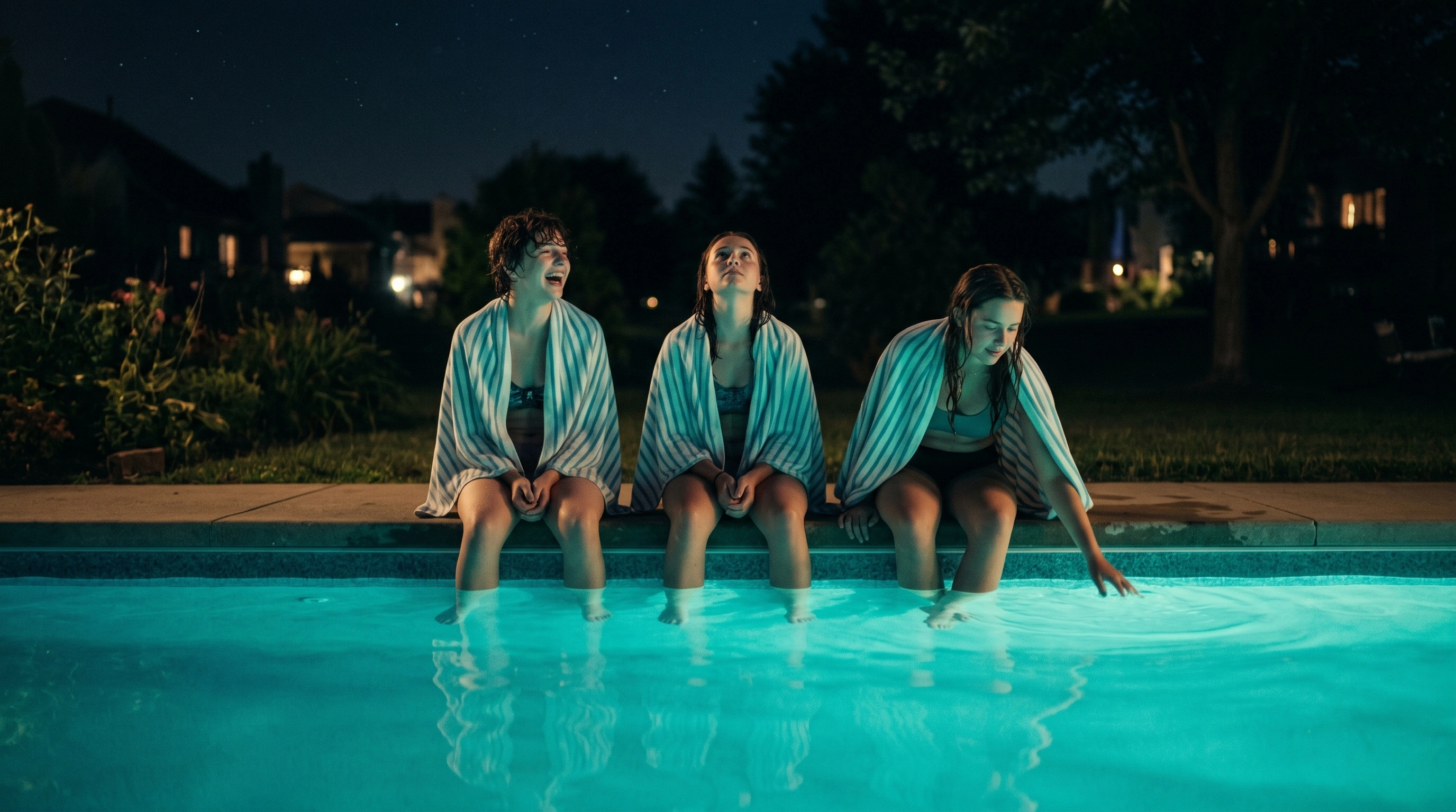 Three teenagers wrapped in striped beach towels sit shoulder-to-shoulder at the lip of an underlit suburban pool, feet trailing ripples through electric turquoise water. Distant porch lights freckle the lawn behind and stars prick a navy summer sky. Anamorphic cinematic framing, coming-of-age nostalgia, cyan-and-shadow palette.