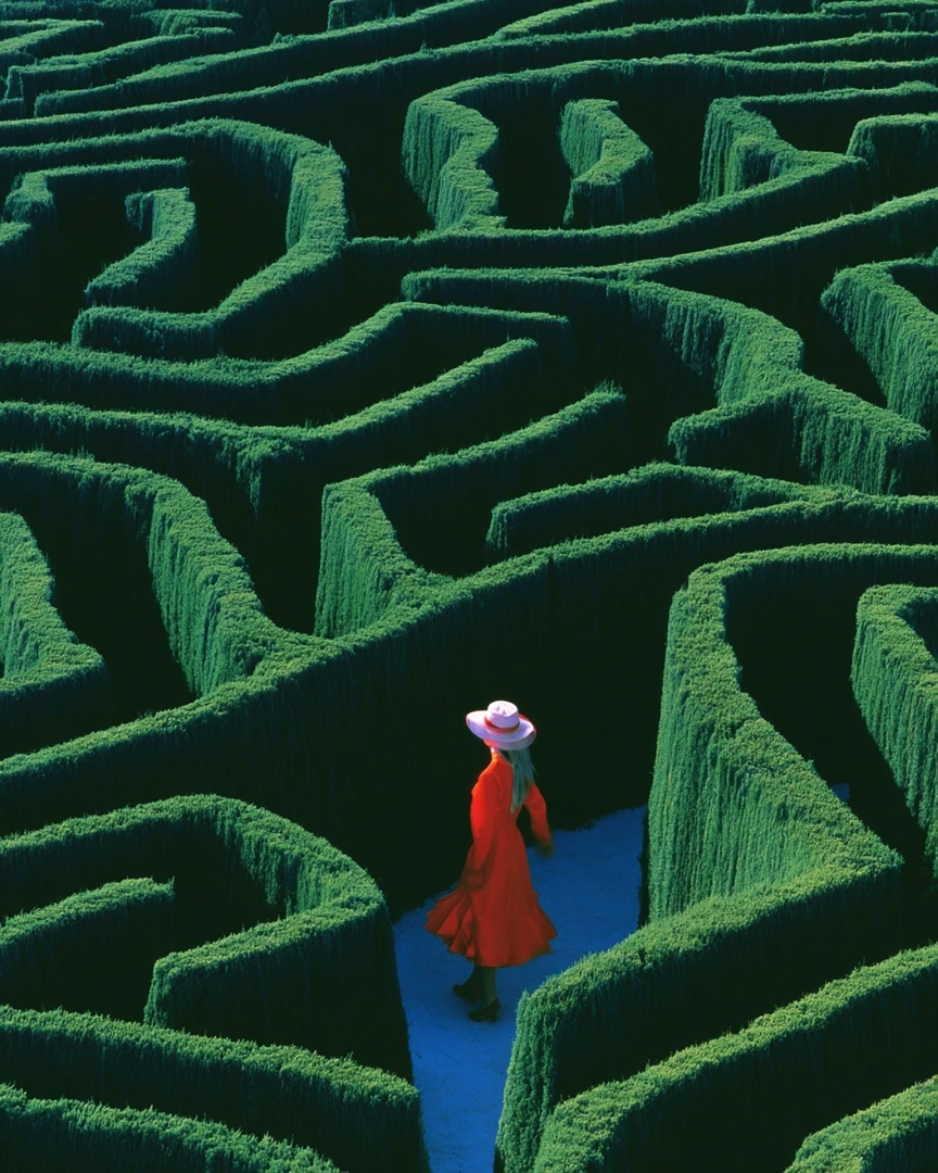 Aerial view of a vast emerald hedge maze, manicured walls winding in tight geometric coils. A lone figure in a flowing scarlet dress and pale sunhat stands on the cobalt-painted path, dwarfed by the green corridors. Surreal painterly contrast, deep saturation, storybook dream stillness.