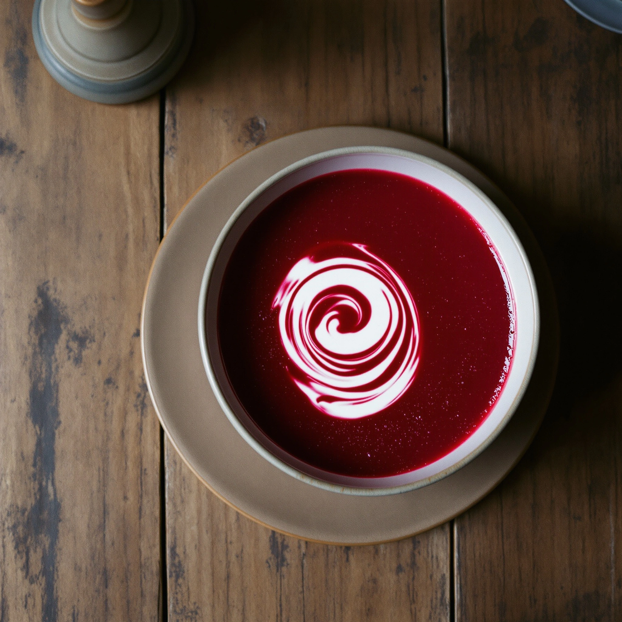 Top-down on a wide-rimmed stoneware bowl of inky beetroot borscht, a clean white cream spiral curling at its centre. The bowl sits on a buff plate atop weathered oak planks, a pewter candlestick blurred at the top edge. Crimson, taupe and walnut palette, moody available-light still life.