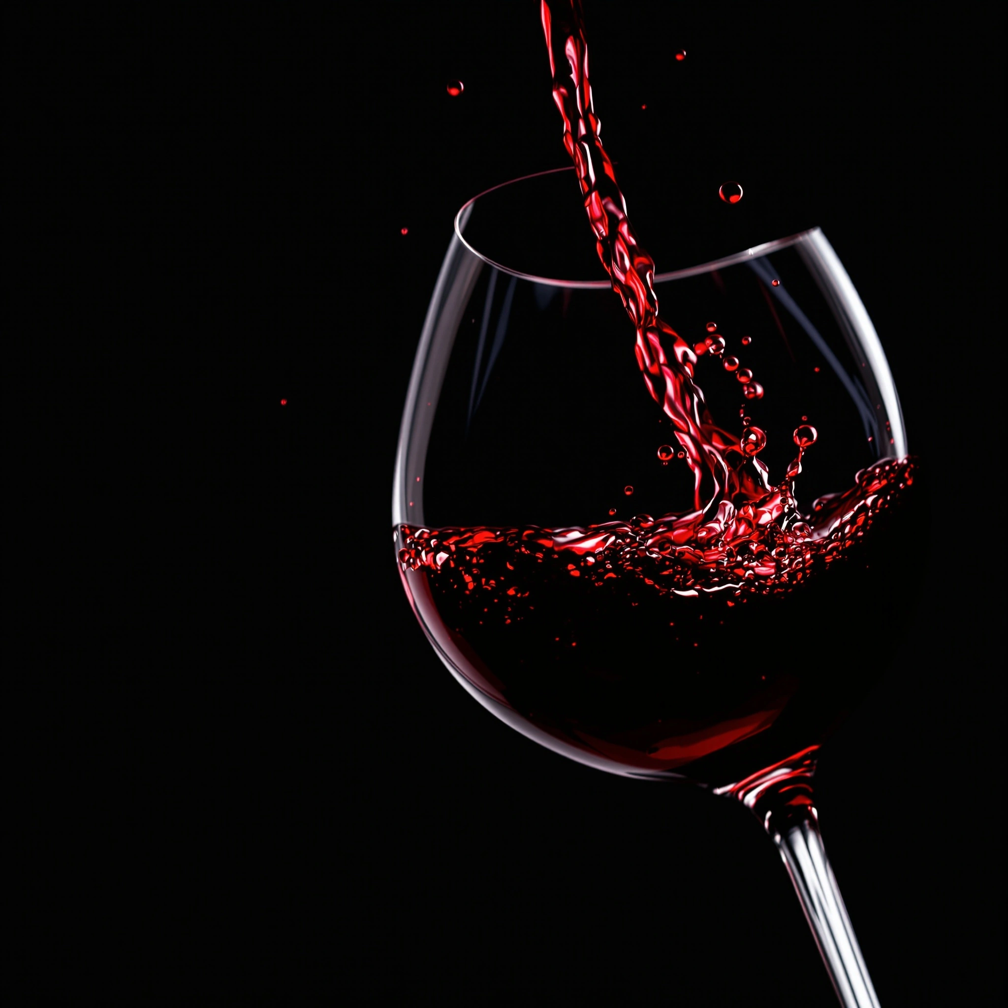 Stemmed crystal goblet against pitch black, garnet wine arcing into the bowl and bursting into airborne droplets. Hard rim light traces the glass edge in silver while the liquid glows ruby through its core, macro tabletop precision with commercial product clarity and operatic contrast.