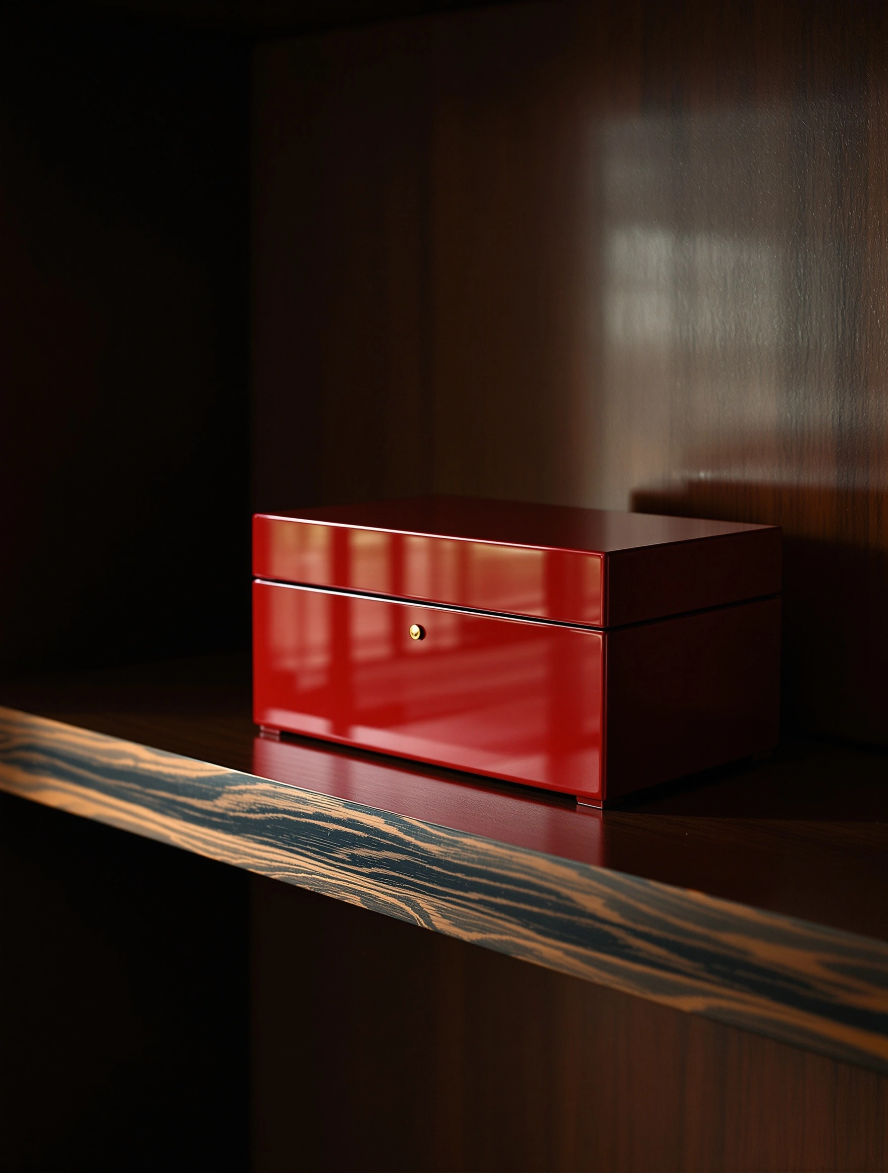 A small Japanese vermillion lacquer box, brass keyhole catching a pinprick highlight, rests on a striped ebony shelf inside a deep walnut cabinet. A single hard sidelight skims its mirror-glossy lid while everything around it dissolves into oxblood-tinged darkness. Chiaroscuro product still life, Dutch master restraint.