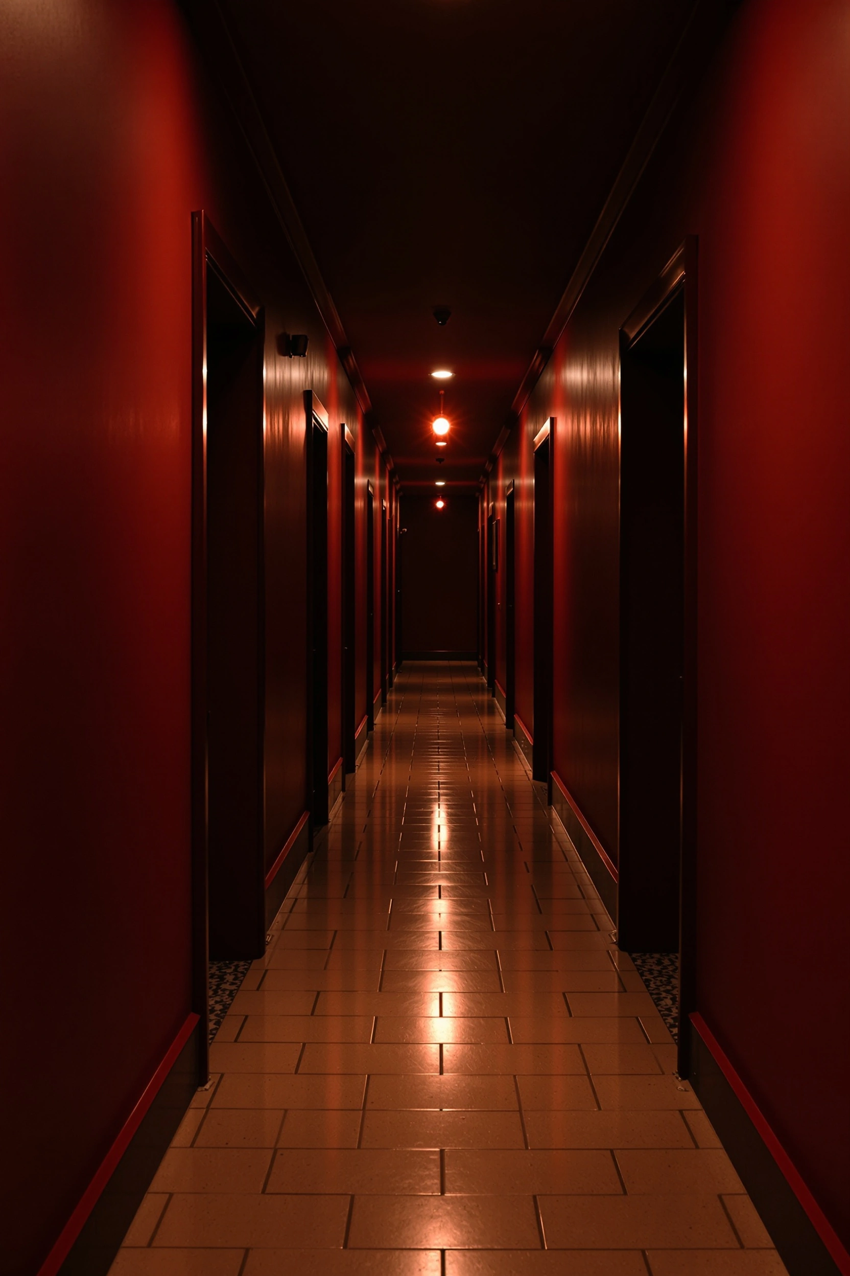 Crimson-walled corridor receding to infinity, recessed doors disappearing into shadow as a single warm ceiling practical at the far end pools amber on the tile floor. Strong one-point perspective, the air thick and Lynchian, vertical frame with deep cinematic blacks and burnished red walls.