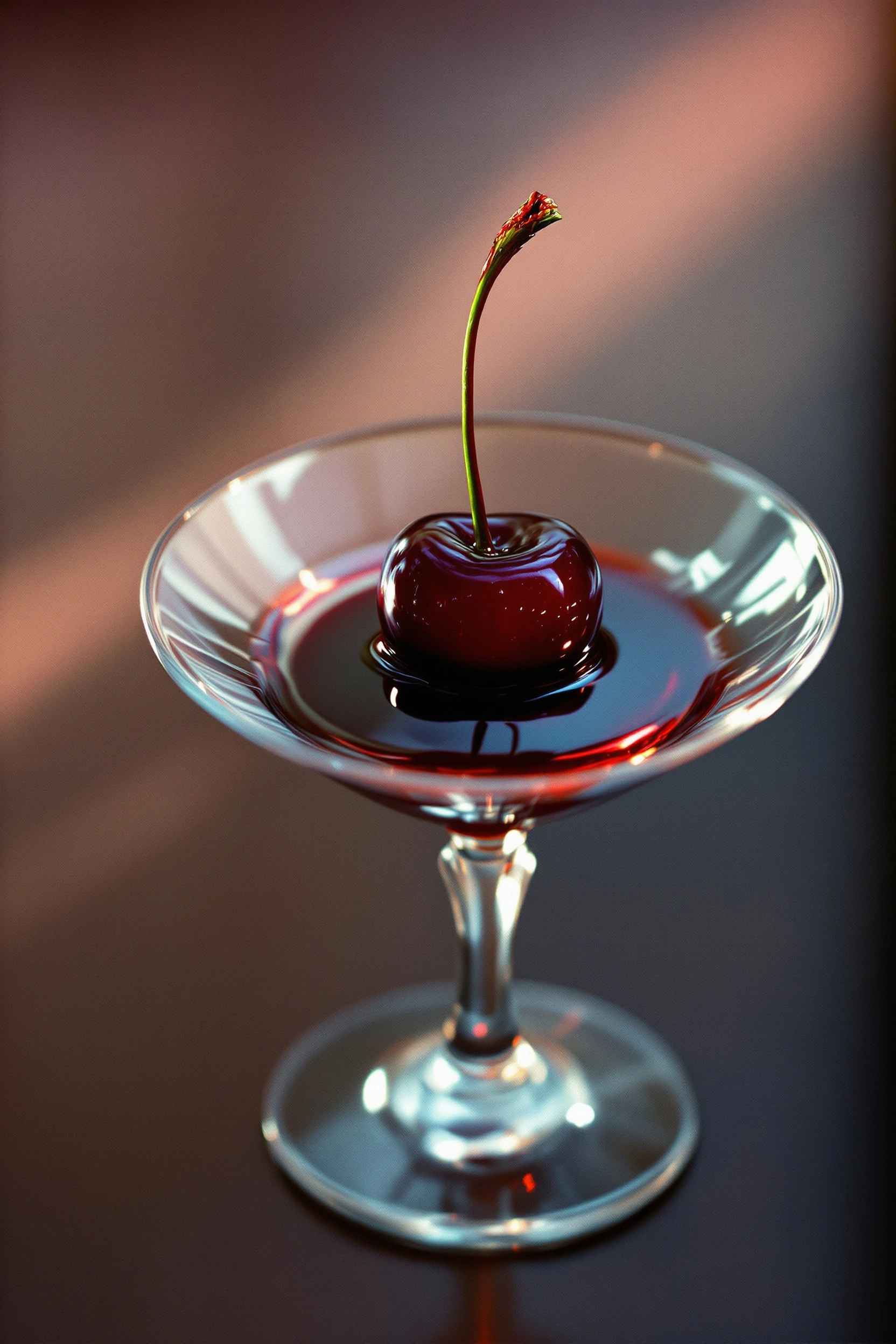 A single dark cherry sits in a shallow pool of its own crimson juice inside a crystal coupe, stem reaching skyward like a thin green flag. Warm sidelight throws a soft diagonal across a smoky bronze backdrop, igniting the fruit's lacquered skin. Macro intimacy, cocktail-menu sensuality, low-key still life.