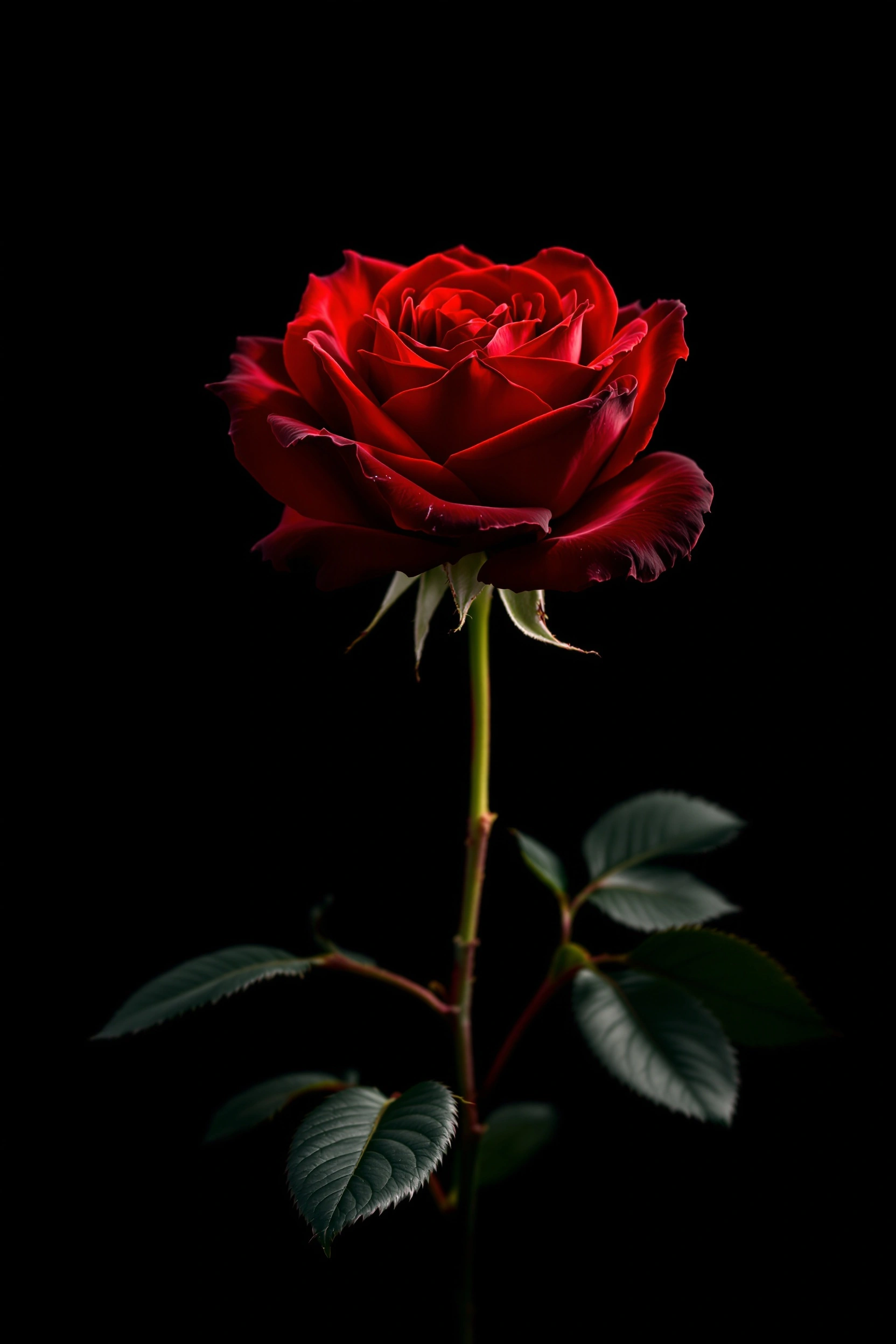 A single crimson garden rose blooms mid-frame on a thorny stem, deep green leaves fanning along the lower stalk, all set against a near-black void. A focused side light grazes the velvety petals, deepening the wine-dark crevices and lifting just enough leaf detail. Chiaroscuro botanical study, Dutch-master gravitas, sharp macro detail.