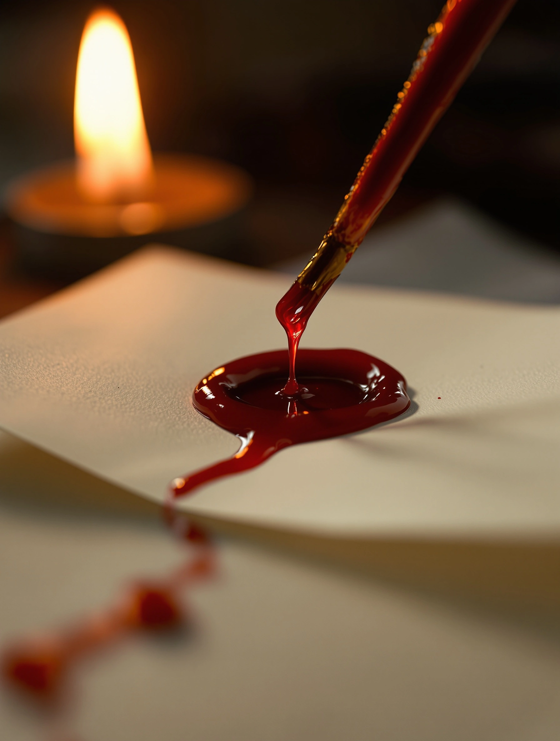 Molten oxblood sealing wax pools and stretches a single thread onto folded cream parchment, a tealight flame glowing soft and amber in the background bokeh. A trail of crimson droplets recedes off the page in shallow focus. Intimate vertical macro, 90mm at f/2.8, candle-warm tungsten ambience.