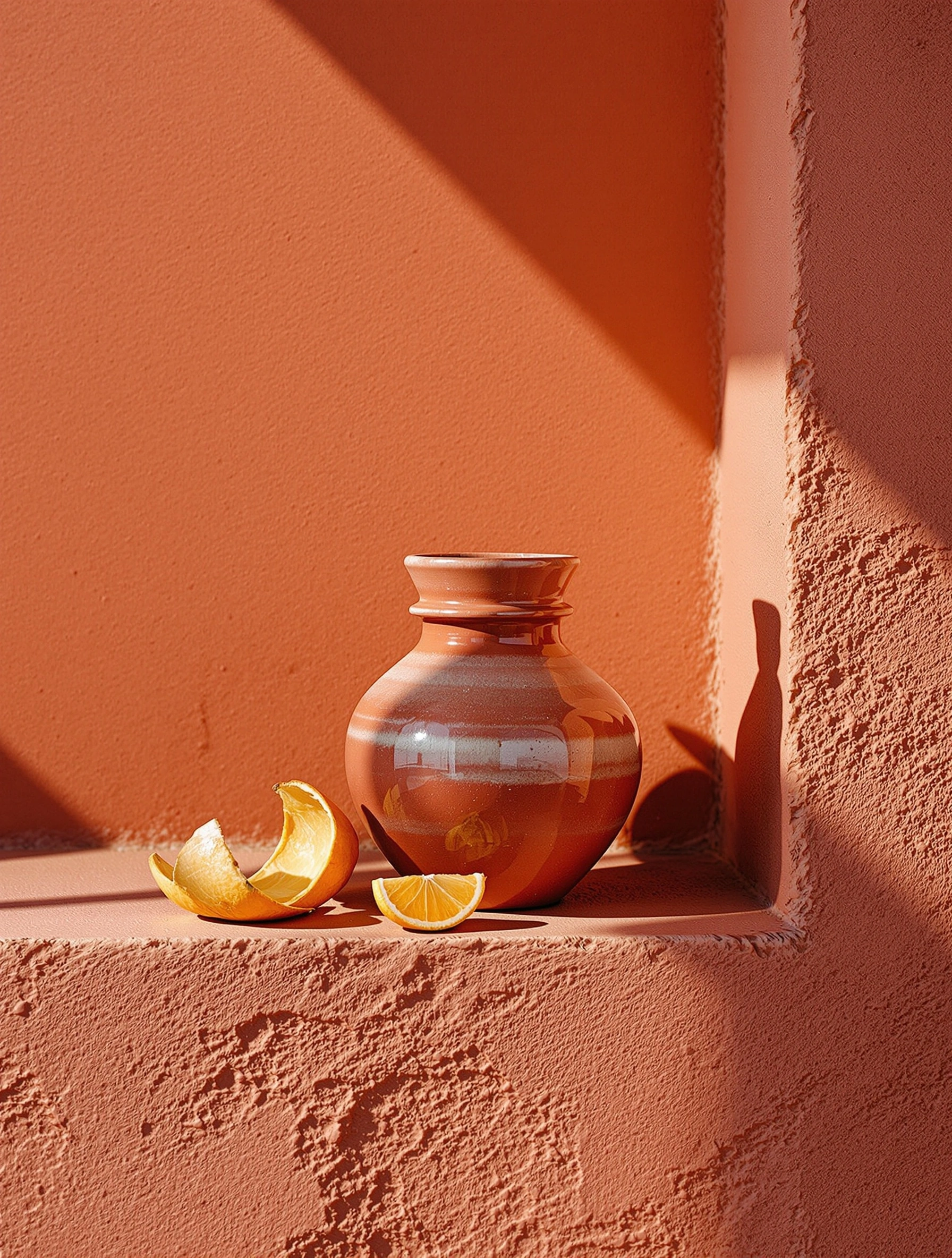 A bulbous terracotta vessel with banded glaze rests in a sunlit adobe niche, two curls of dried orange peel beside it. Hard diagonal sun divides the rough-troweled wall into burnt apricot and rust shadow. Mediterranean midday quiet, Morandi-meets-Marrakesh palette, tactile clay textures rendered crisp.