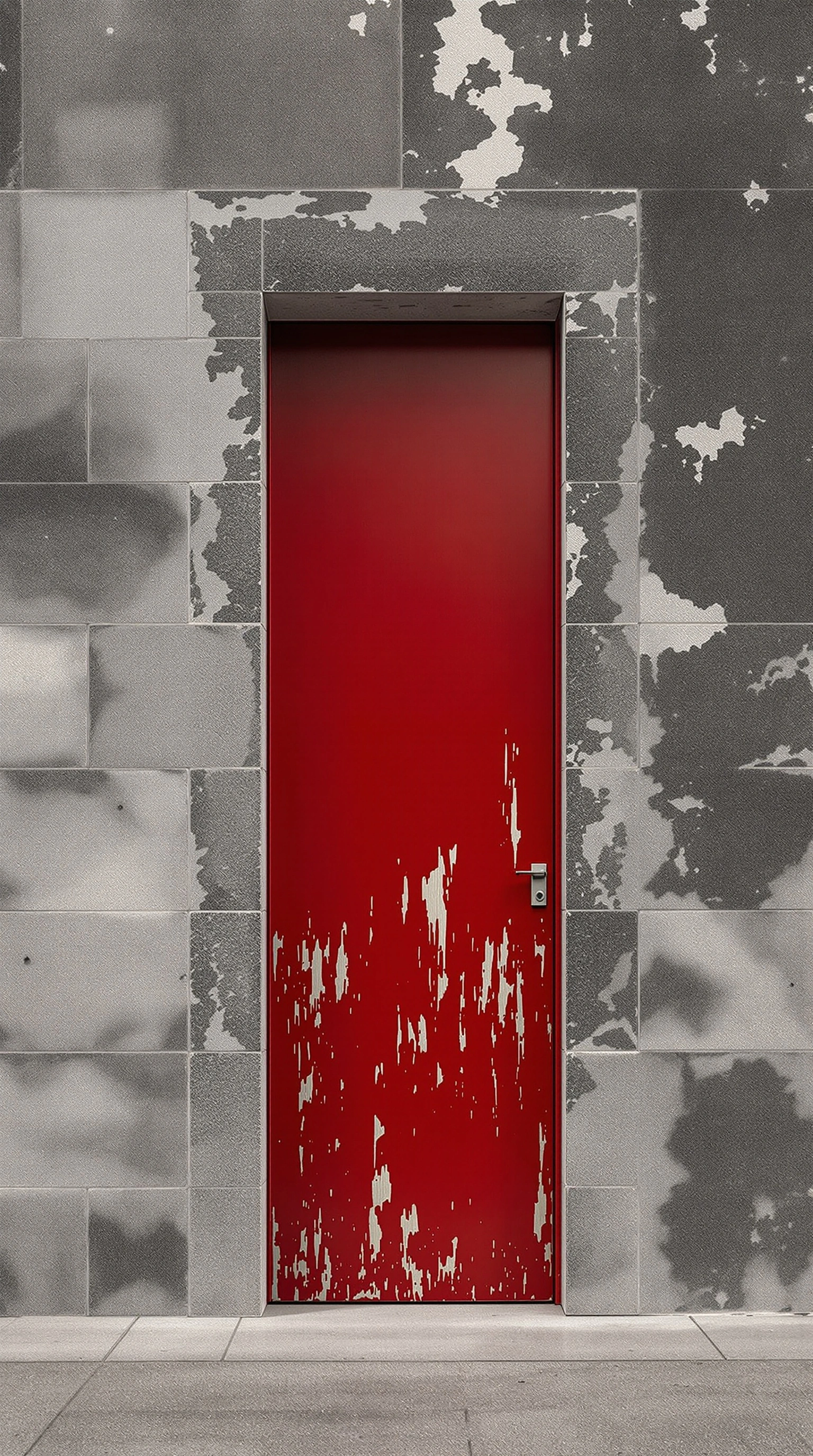 A tall, narrow lacquered red door set into a wall of pale grey stone blocks streaked with peeling silver paint, the lower half of the door itself flaking back to bare metal. Hard noon light flattens the geometry and sharpens every chipped edge. Vertical frame, graphic color-block composition, brutalist quietness.