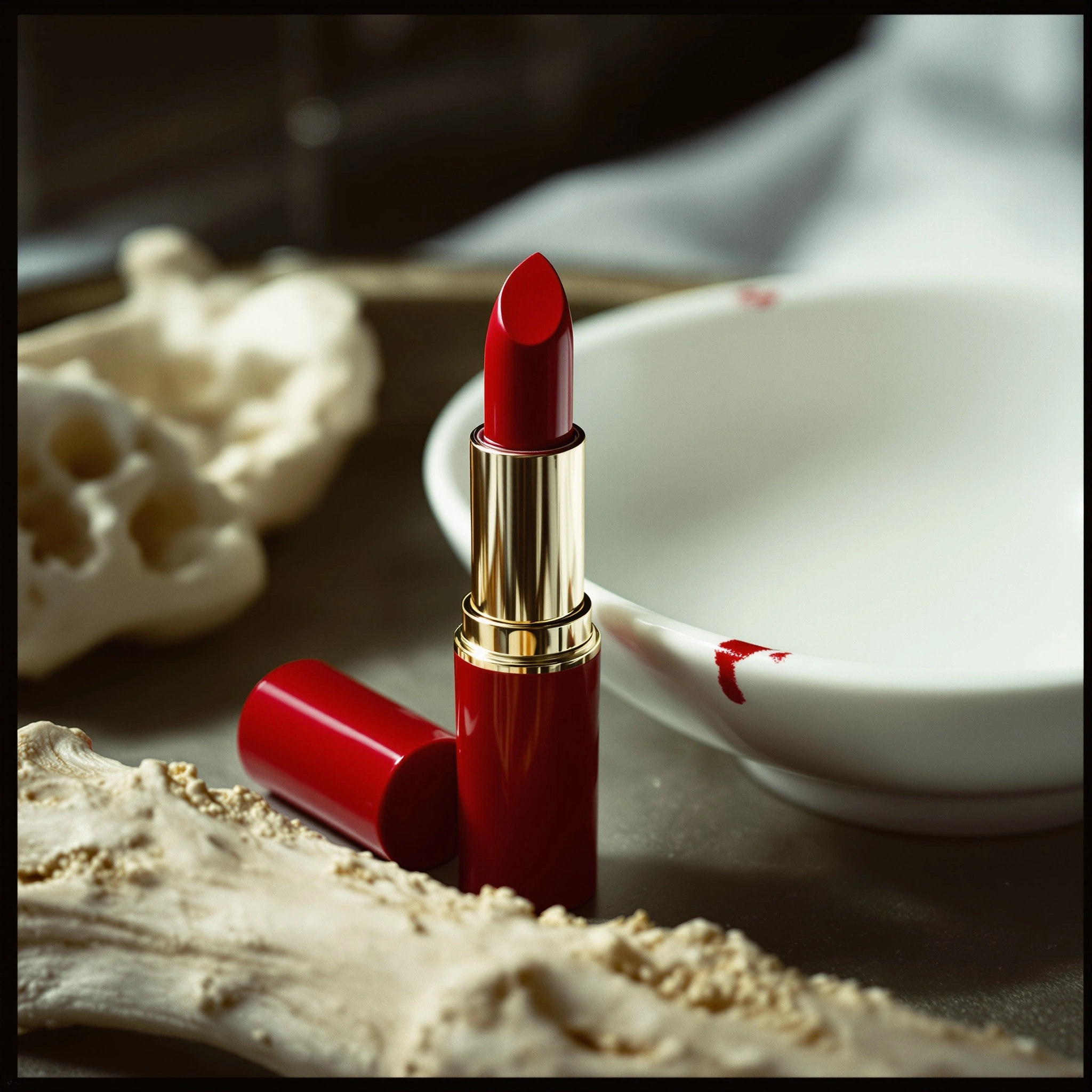 A glossy scarlet bullet of lipstick stands gold-banded beside a white porcelain dish smudged with a single crimson kiss, the toppled cap reflecting on dark metal. Bleached coral and bone props in the foreground, deep chiaroscuro background. Moody beauty still life, 85mm at f/2, vintage Vogue palette.