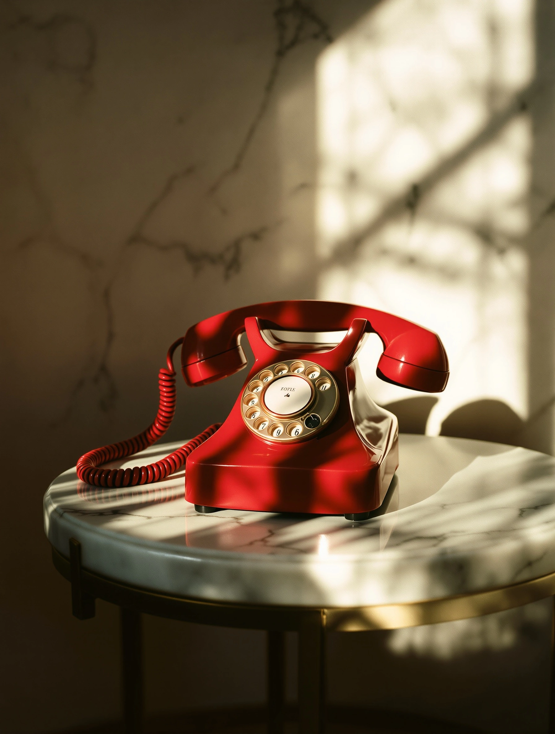 A glossy lacquer-red rotary telephone with brass dial perches on a round veined marble side table, its coiled cord spilling across the surface. Raking afternoon window light throws a hard geometric shadow and a soft branch silhouette across the wall. 85mm shallow focus, warm cinematic palette of crimson, ivory, and tobacco.