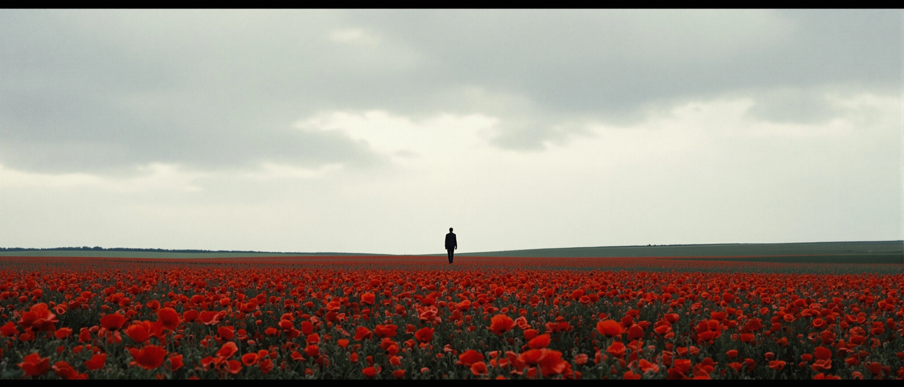 A vast carmine carpet of poppies stretches to a low green horizon, a solitary dark-suited figure standing waist-deep at center under a heavy pewter sky. Wide cinematic letterbox, muted overcast palette punctuated by crimson, gentle vignette. Quiet anonymity, painterly melancholy, Roger Deakins restraint.