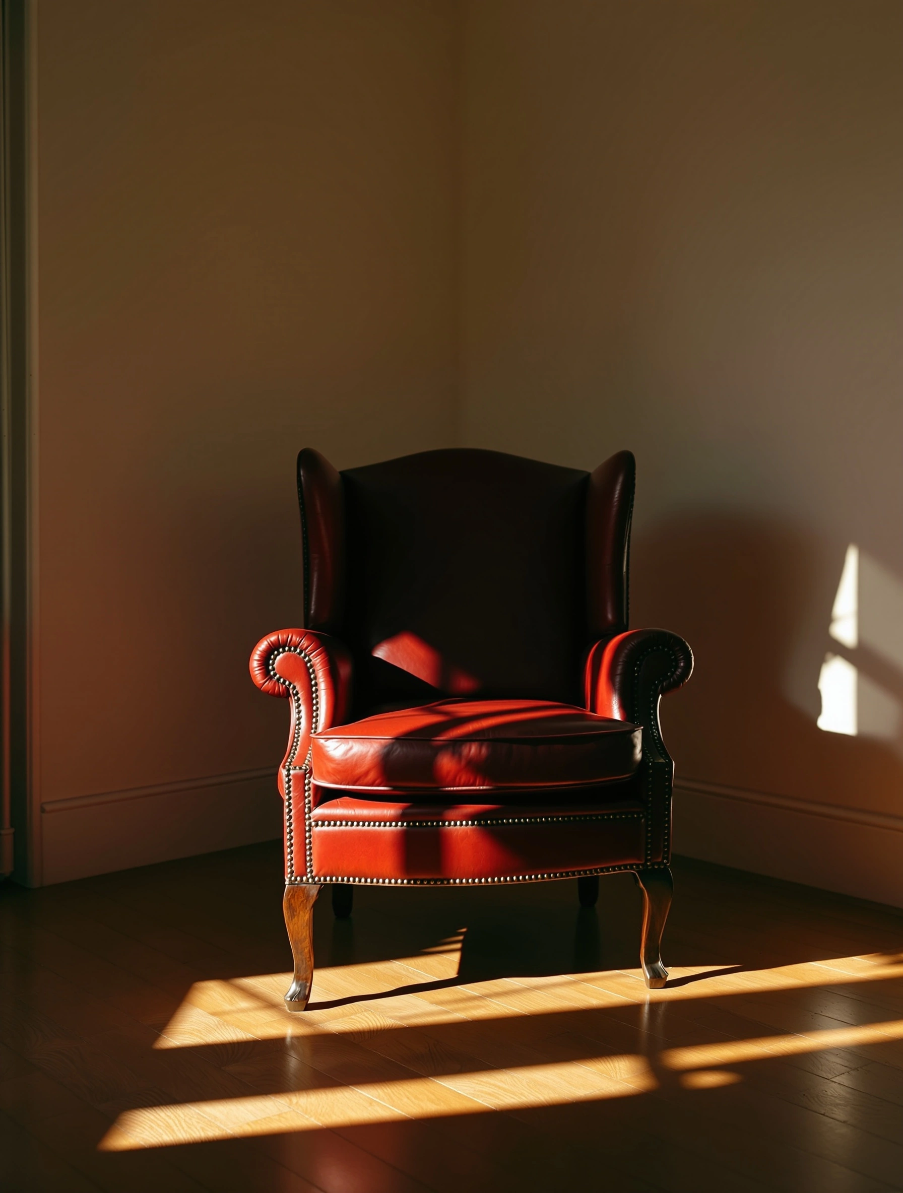 A studded oxblood leather wingback sits centered in a bare corner, its cushion catching a hot blade of late-afternoon sun while the back recedes into shadow. Honey oak floorboards mirror the slanted light. Painterly chiaroscuro, Vermeer-like geometry of warmth and gloom, tobacco and cordovan palette.