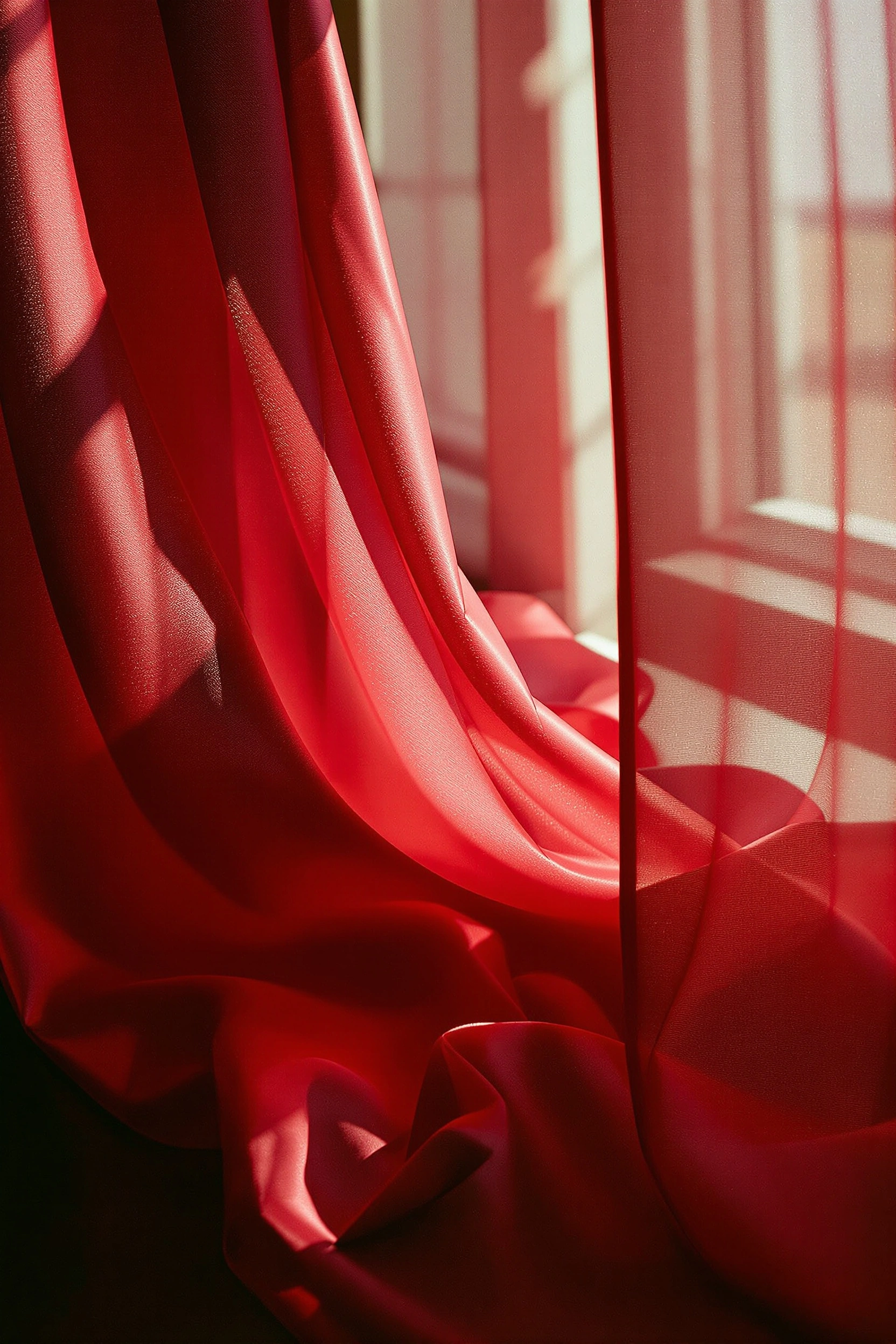 Crimson silk pours in a tall S-curve across the frame, partly translucent where window light passes through the lighter outer panel, dense scarlet where it folds upon itself. A mullioned window casts soft diagonal bars onto pale wall and floor beyond. Cinematic warm-cool tension, sensual fabric study, daylight saturation.
