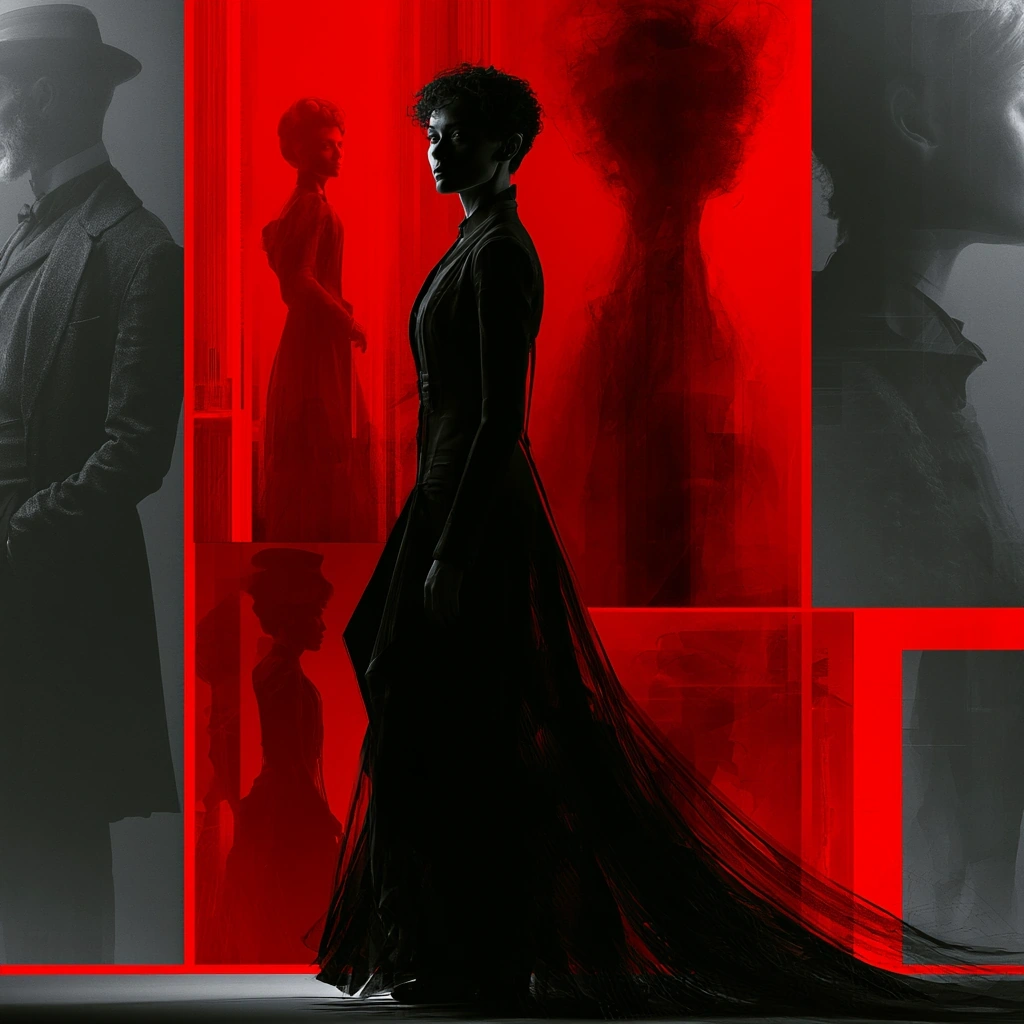 A woman in a long black gown stands in razor silhouette against a saturated vermilion panel, ghosted figures of a fedora-clad man and Victorian-dressed woman bleeding across the frame like overlapping film exposures. High-contrast monochrome meets pure red blocking, theatrical noir collage with cinematic stillness.