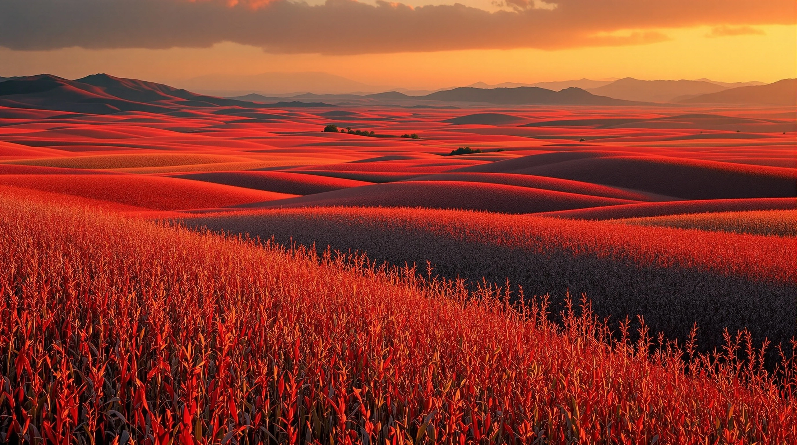 Endless rolling fields of crimson sorghum undulating like waves toward distant blue mountains, low sun setting the seed heads on fire in scarlet and tangerine. Bruised lavender clouds catch the last warm rays, panoramic landscape with painterly saturation and operatic golden hour grandeur.