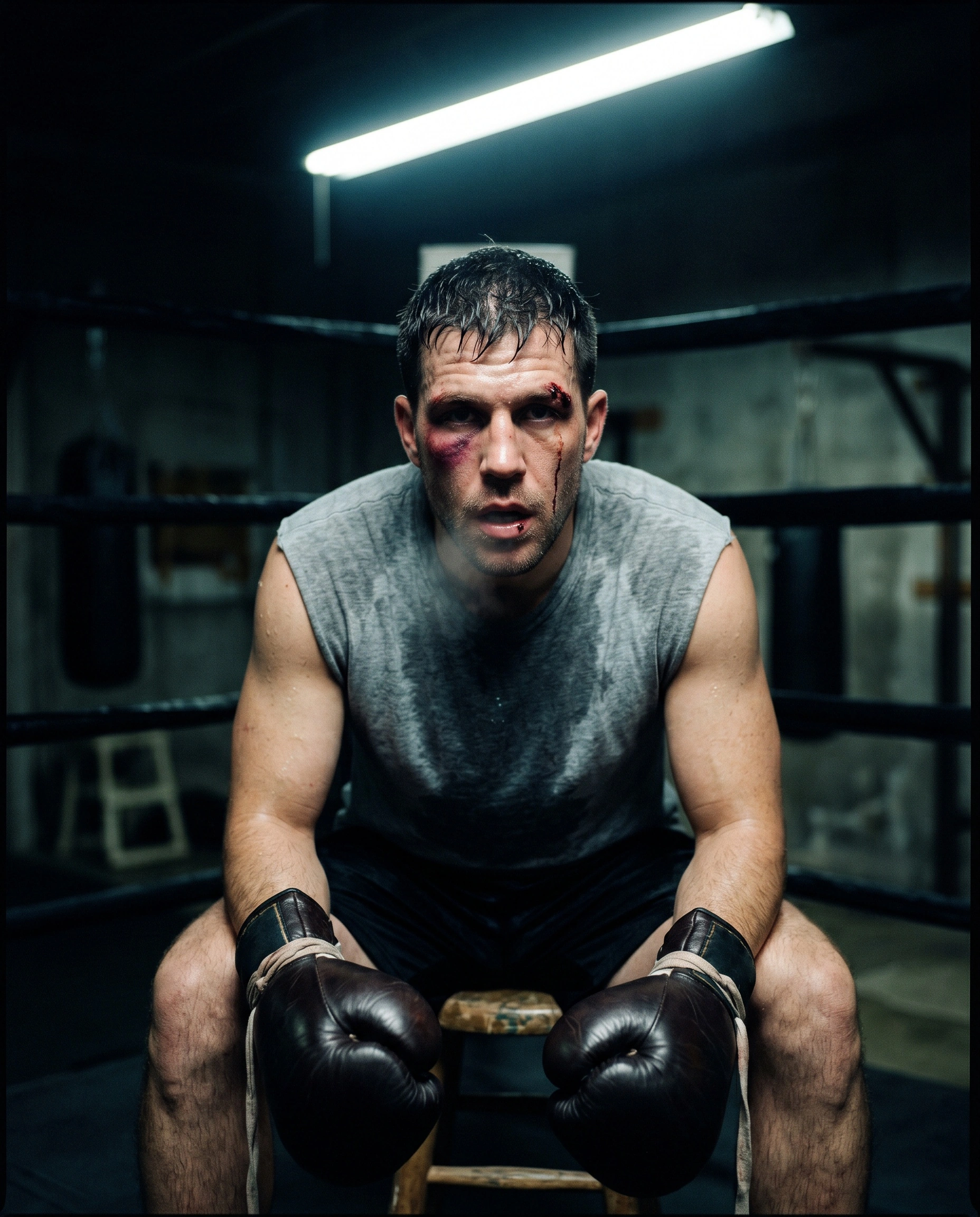 Boxer slumped on a corner stool inside a dim ring, fluorescent tube humming overhead, sweat-soaked grey vest clinging to his shoulders. A purple welt rides his cheekbone, oxblood gloves dangle between his knees, ropes blur into pitch black. Cold tungsten, desaturated palette, gritty documentary portrait feel.