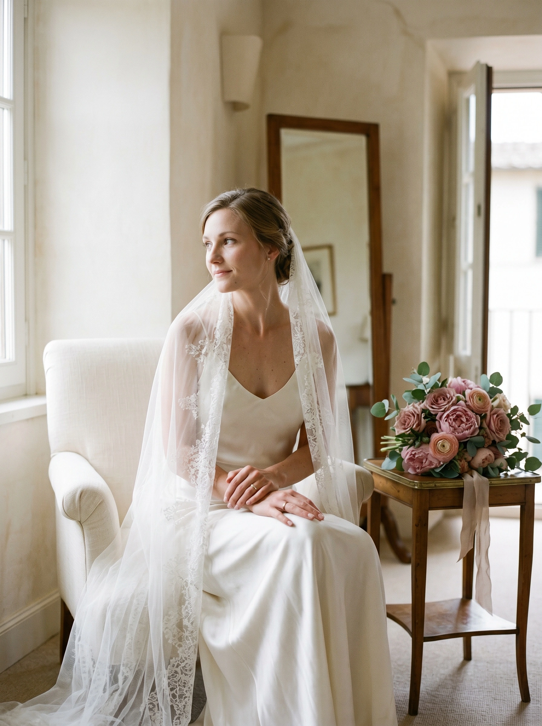 Seated bride in a cream slip gown and lace-edged cathedral veil, hands folded in her lap, gaze drifting toward a window in a sun-warmed plaster room. A dusty-pink garden rose bouquet rests on a small wooden table beside an antique mirror. Soft directional daylight, ivory and rose palette, medium-format film softness.