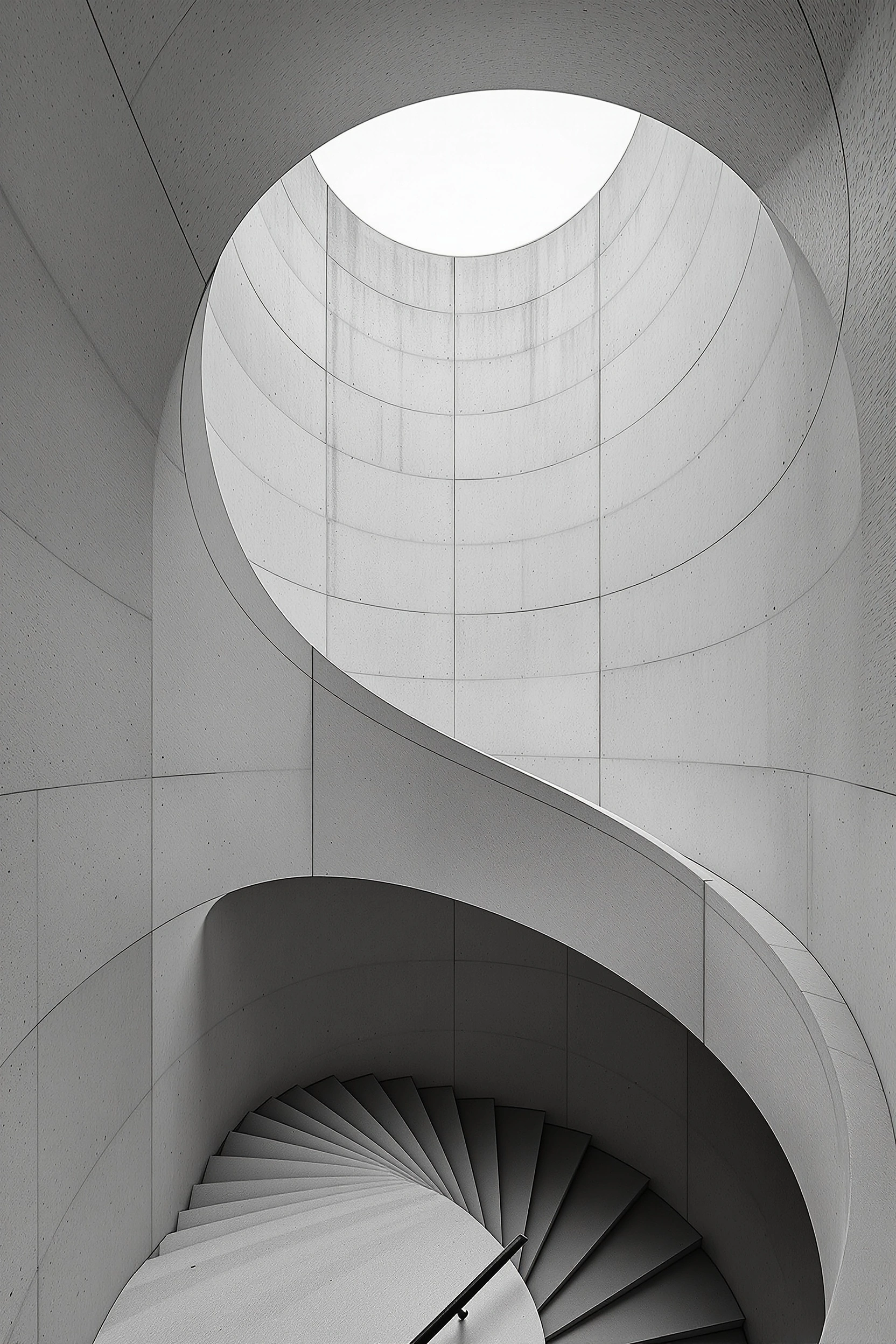 Looking up through a sculptural concrete stairwell, ribbon-like curves of pale formwork spiralling toward a circular skylight that pours soft white light down the walls. A helical staircase peels off at the base. Monochrome greys, brutalist geometry, 24mm tilt-shift architectural study.