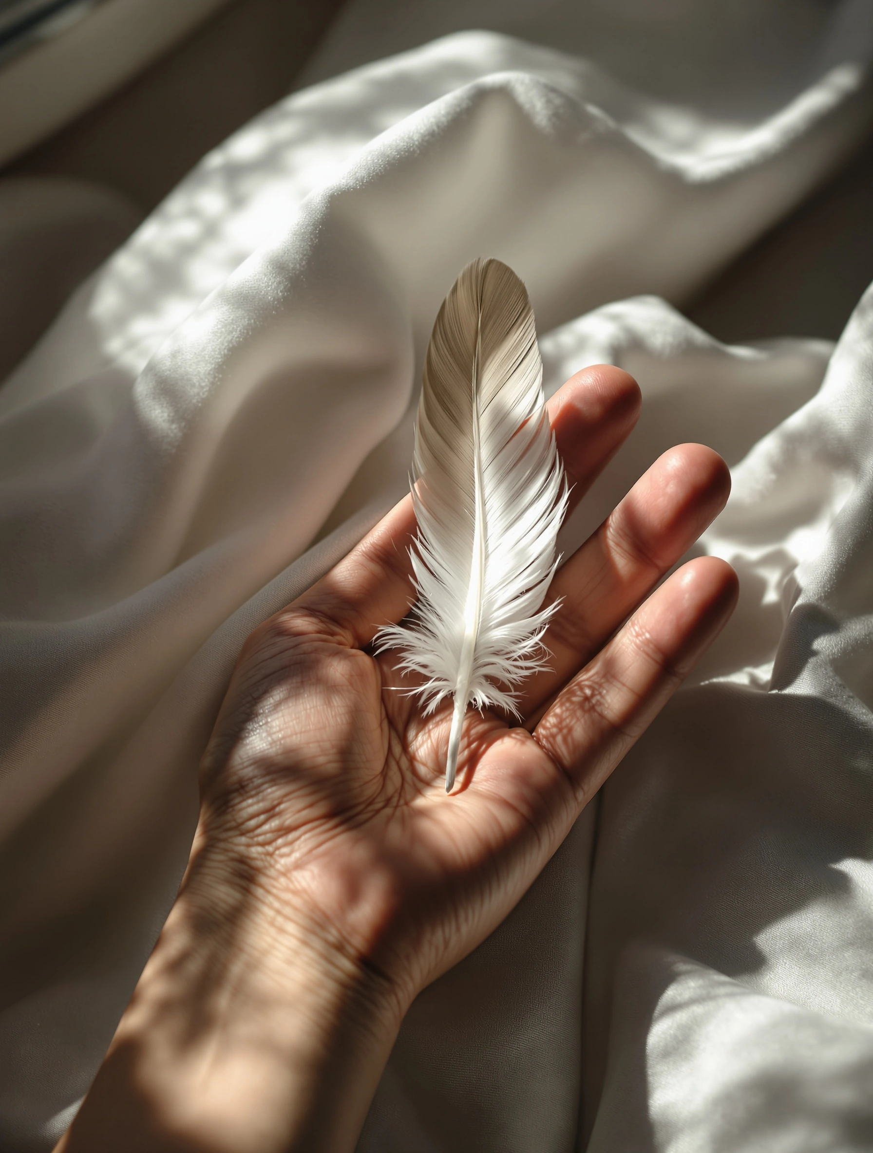 Open palm cradling a slender white feather, fingers relaxed against rumpled ivory linen. Hard window light rakes across the cloth, casting crisp diagonal shadows of slatted blinds. Quiet monochrome study of texture, skin warmth, and barbule softness in 50mm clarity.