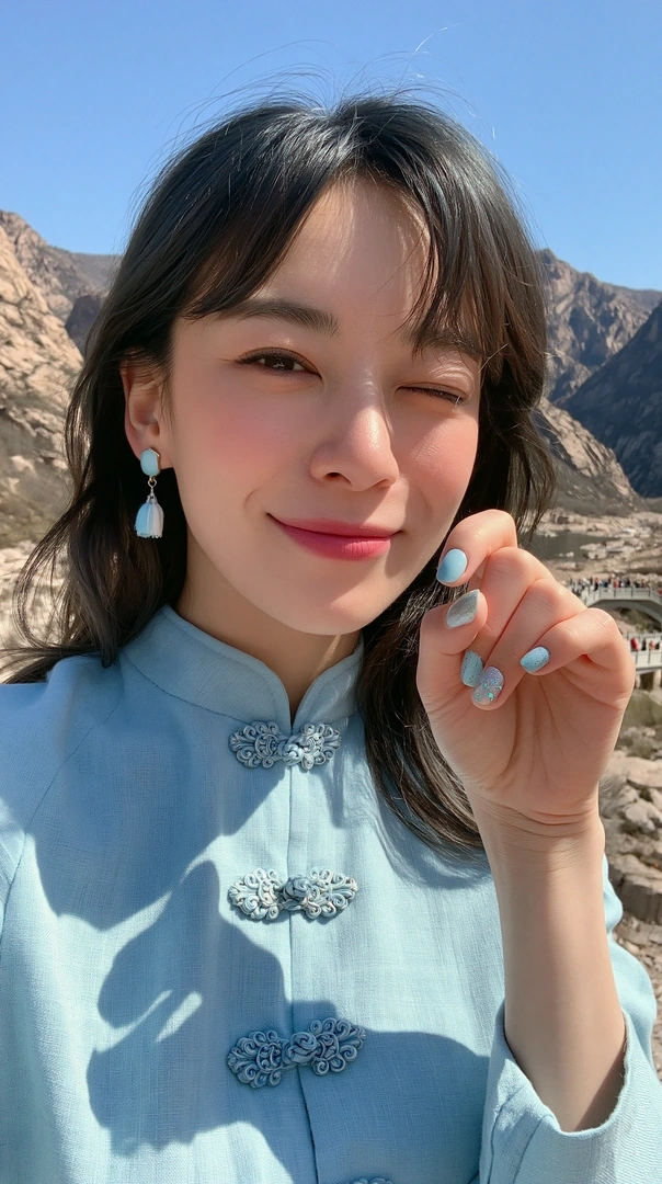 Young East Asian woman winking at the camera in a powder-blue mandarin-collar jacket with knotted frog closures, raising a hand of pale-blue painted nails near her cheek. Behind her, sunlit ochre mountains rise under a clean cobalt sky. Crisp midday selfie energy, soft natural smile.