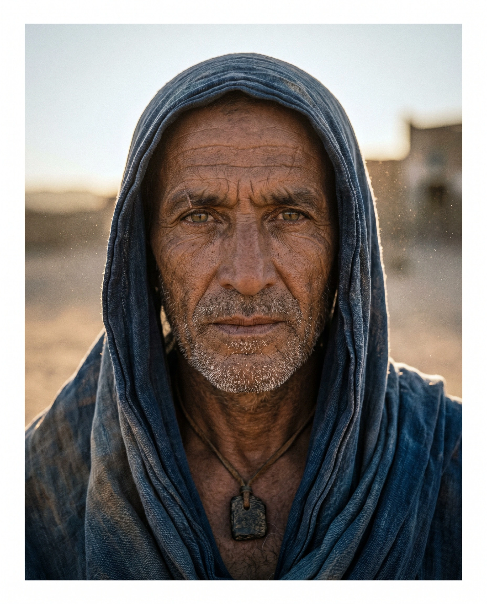 A weathered man with hazel eyes and silver stubble gazes squarely into the lens, his head wrapped in a coarse indigo cheche scarf draped across bare shoulders. A carved stone amulet hangs at his sternum while sunlit desert and a mudbrick wall blur behind. Backlit golden hour, National Geographic portrait gravitas.